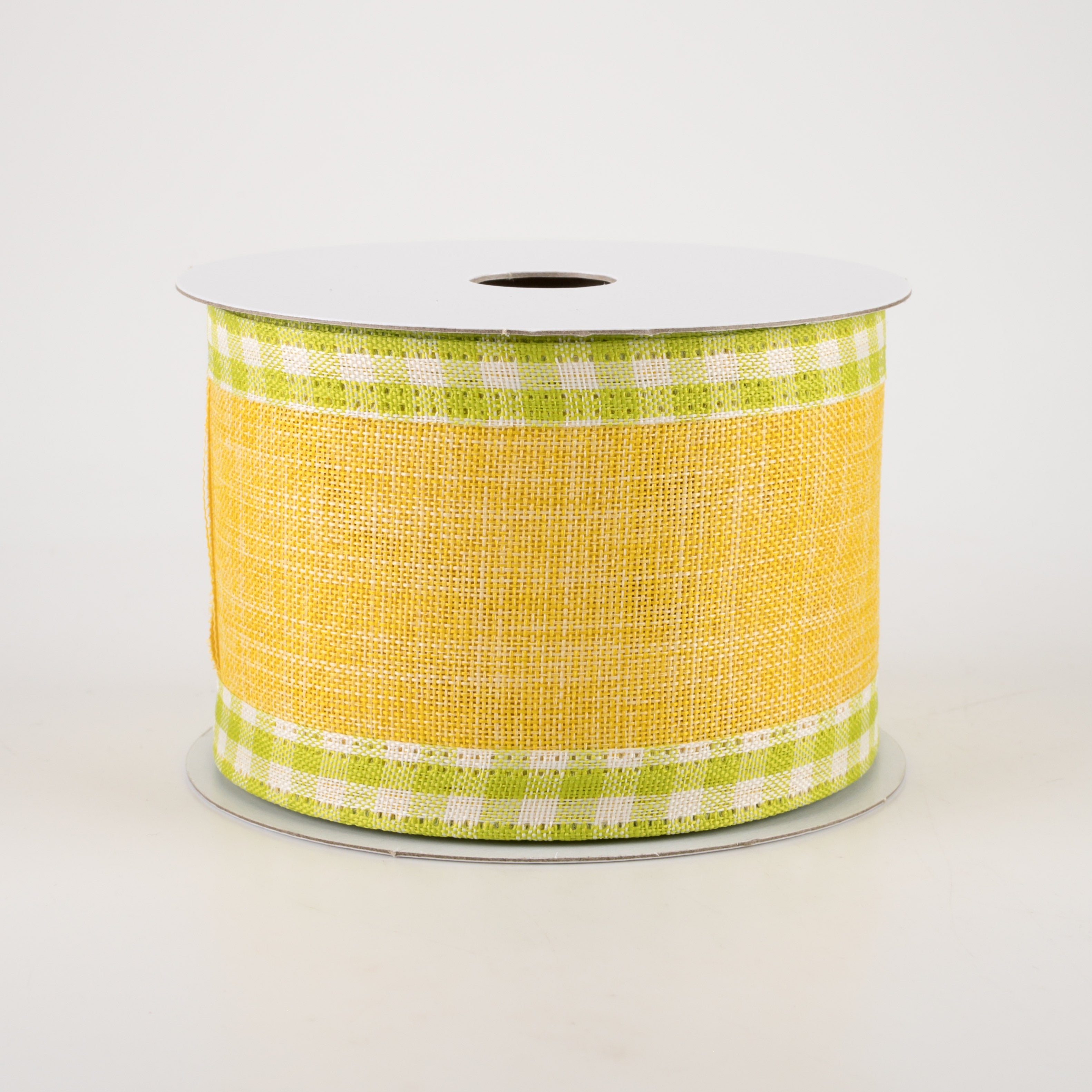 2.5" Linen Center & Gingham Edge Ribbon: Yellow on Green & White (10 Yards)