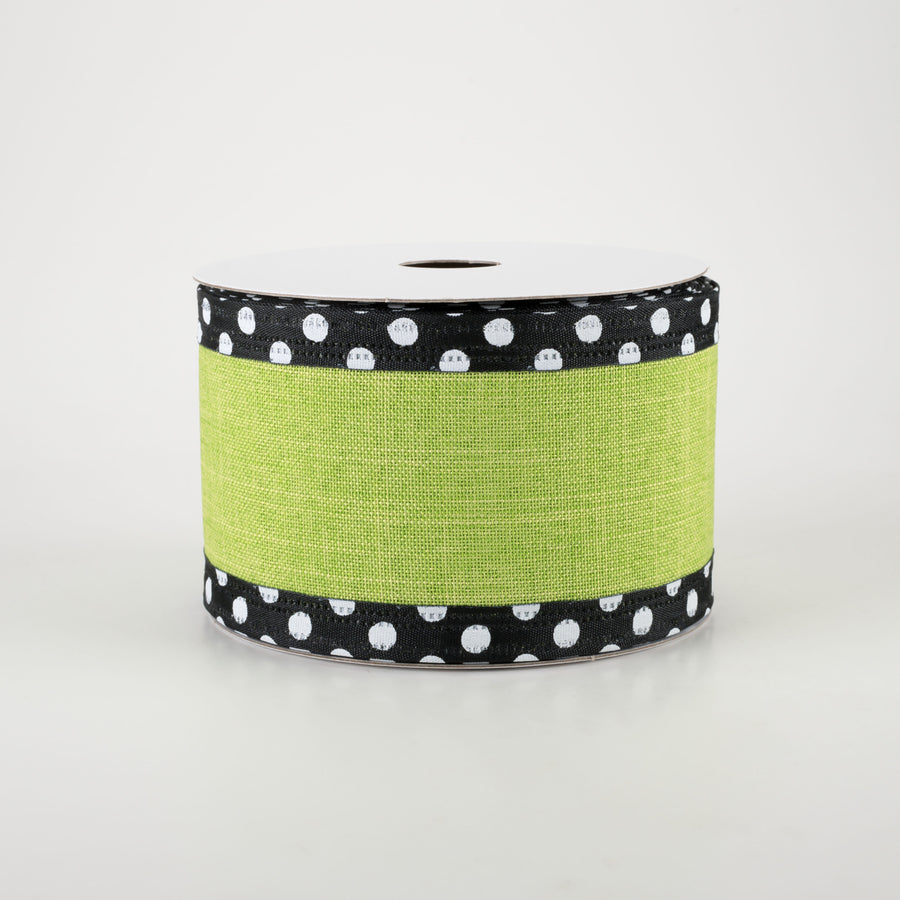 2.5" Linen Center & Polka Dot Edge Ribbon: Lime Green (10 Yards)