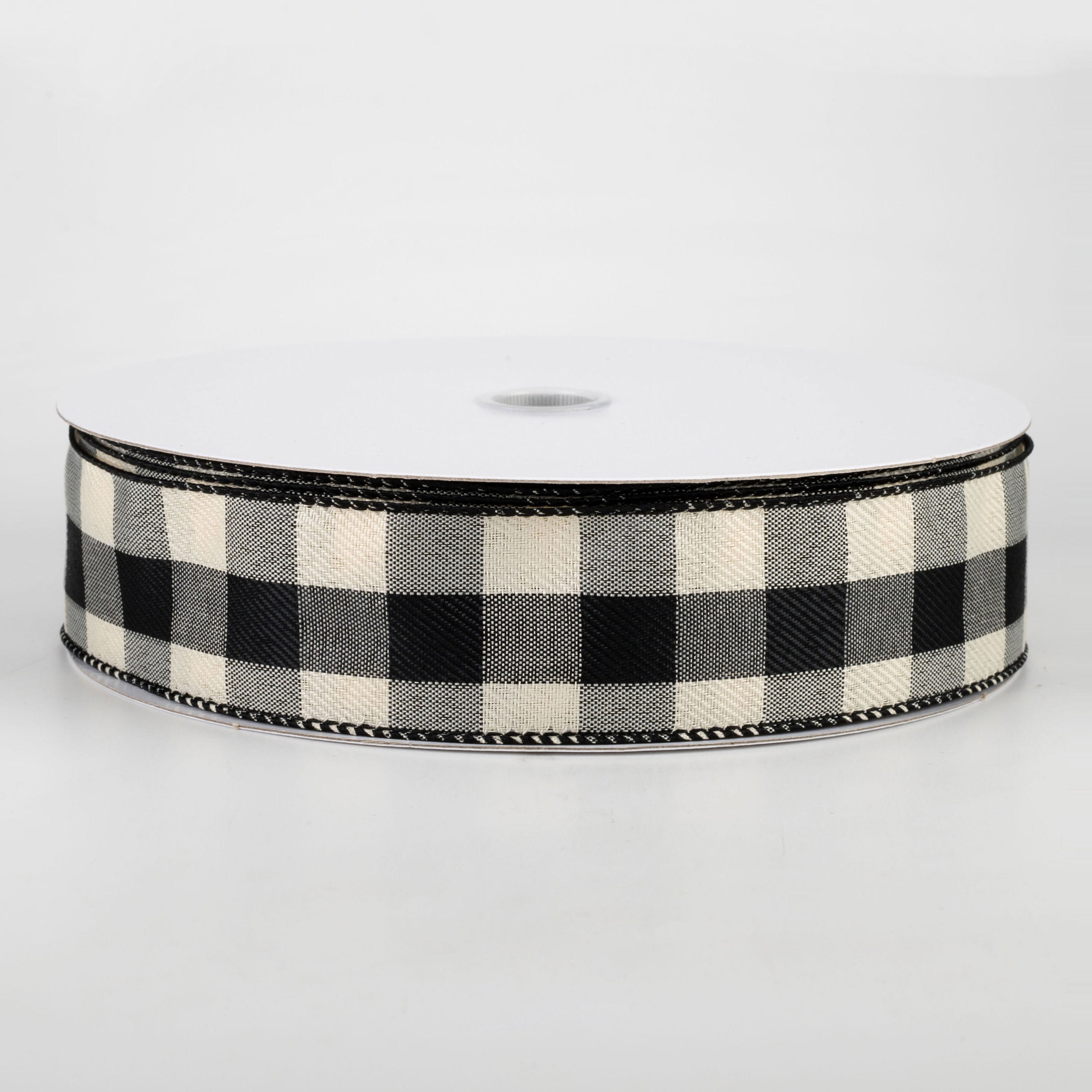 1.5" Linen Check Buffalo Plaid Ribbon: Black & Ivory (50 Yards)