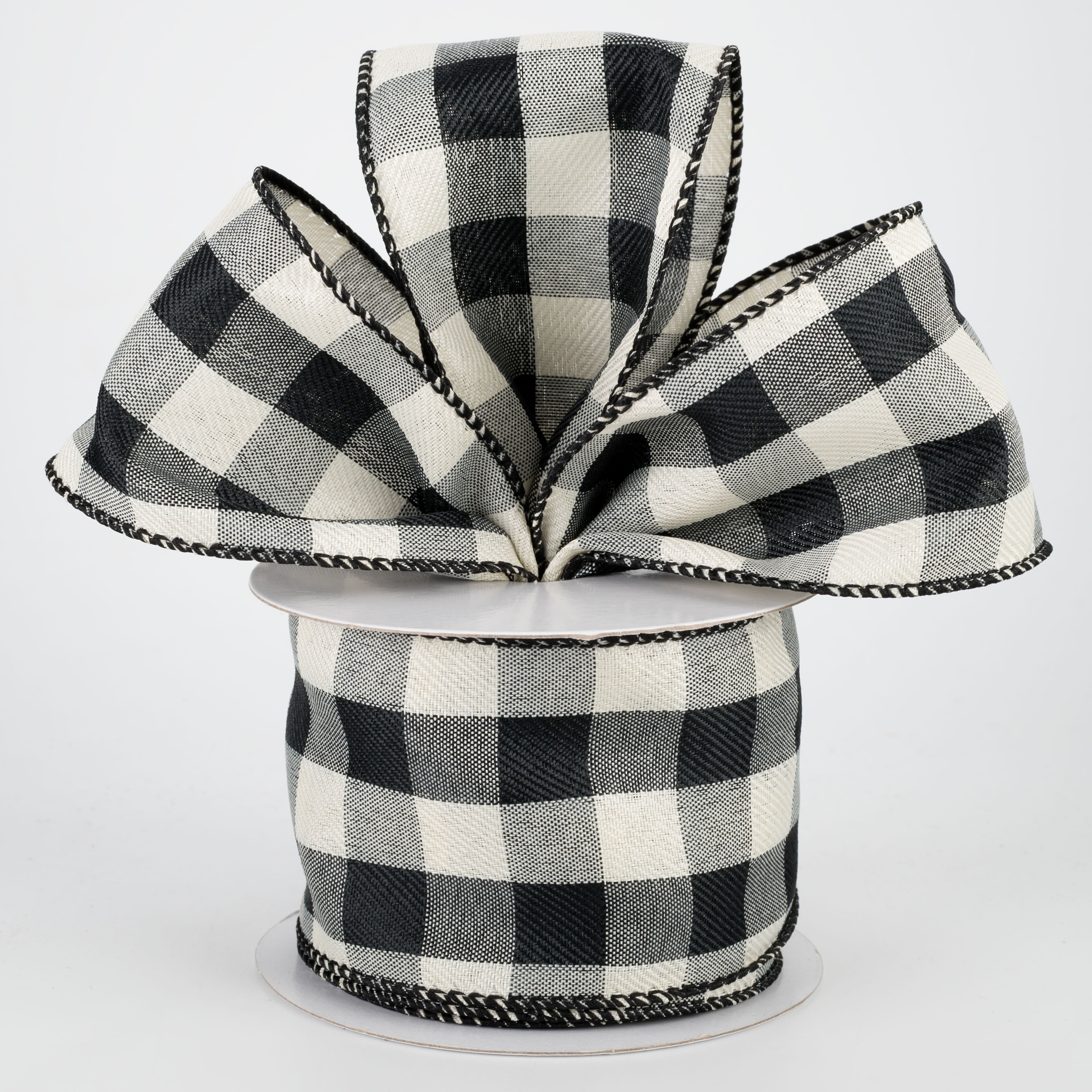 2.5" Linen Check Buffalo Plaid Ribbon: Black & Ivory (10 Yards) Lifestyle Photo