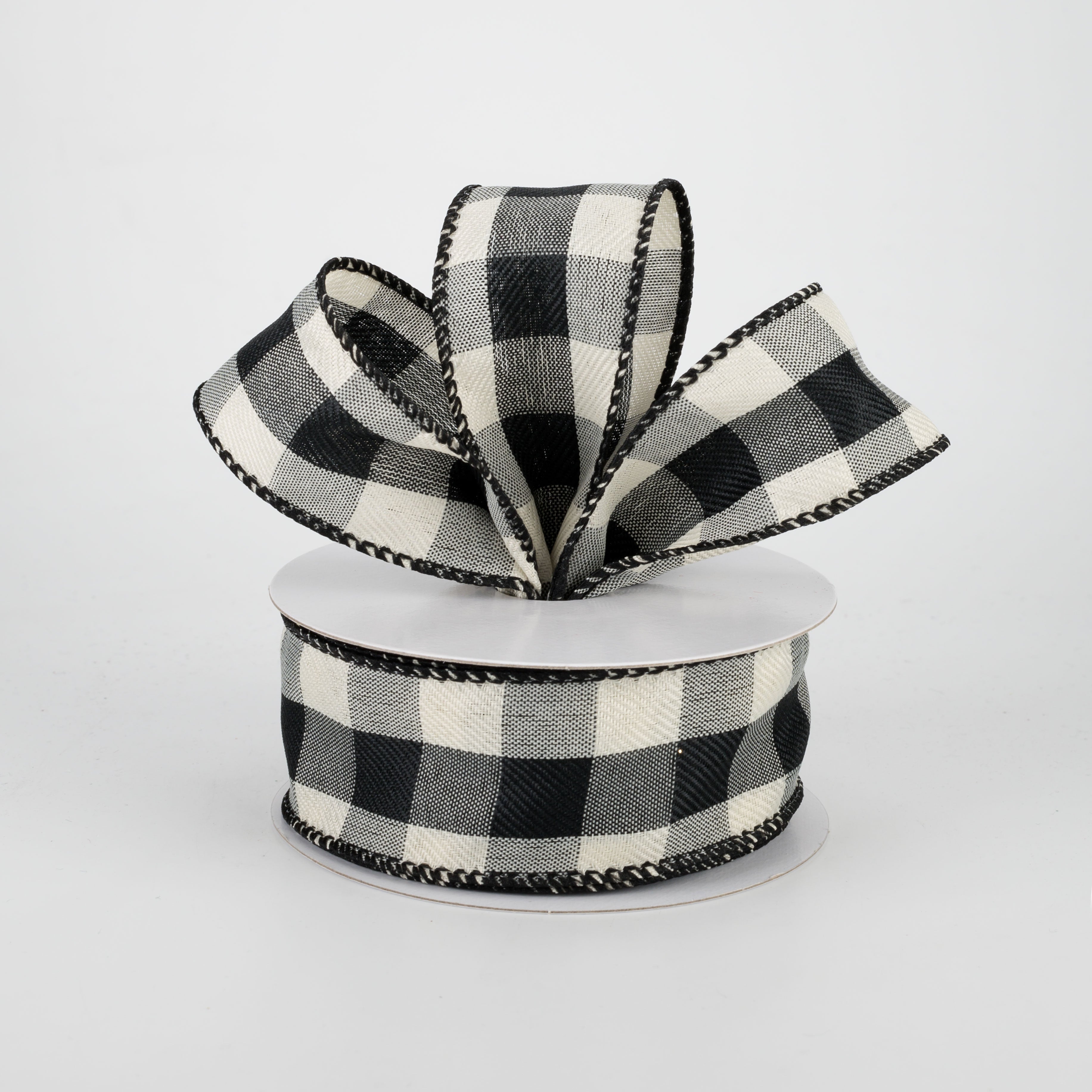 1.5" Linen Check Buffalo Plaid Ribbon: Black & Ivory (10 Yards) Lifestyle Photo