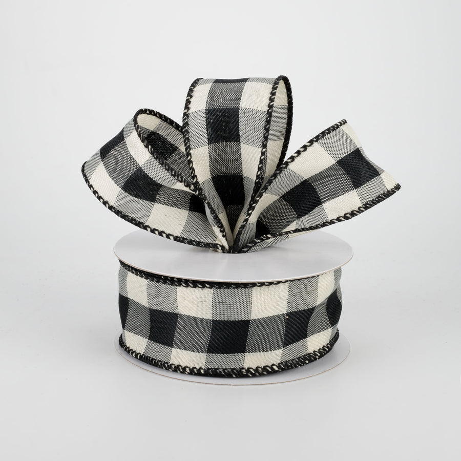 1.5" Linen Check Buffalo Plaid Ribbon: Black & Ivory (10 Yards) Lifestyle Photo