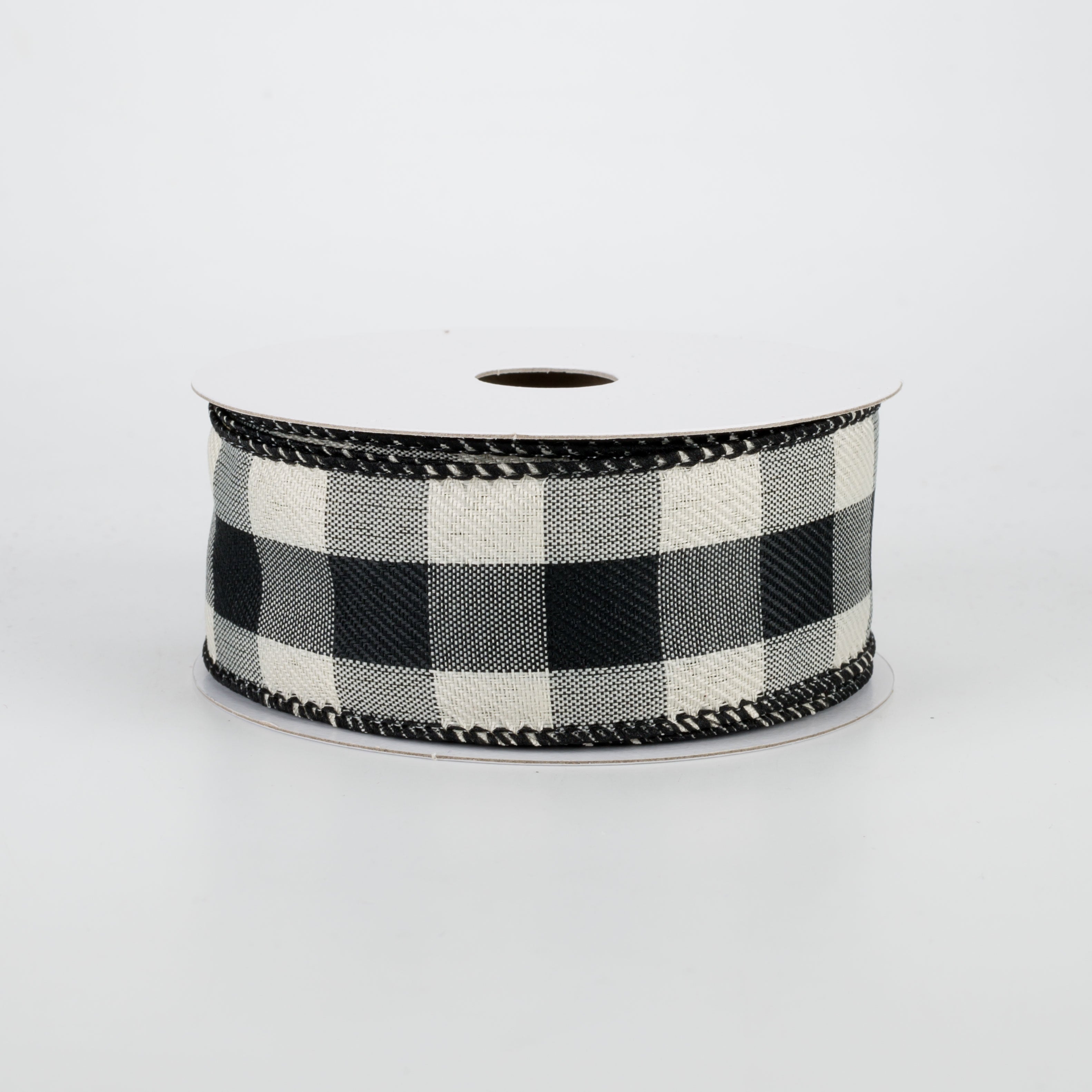 1.5" Linen Check Buffalo Plaid Ribbon: Black & Ivory (10 Yards)