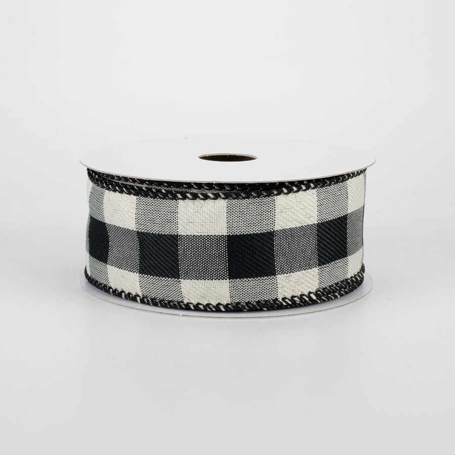 1.5" Linen Check Buffalo Plaid Ribbon: Black & Ivory (10 Yards)