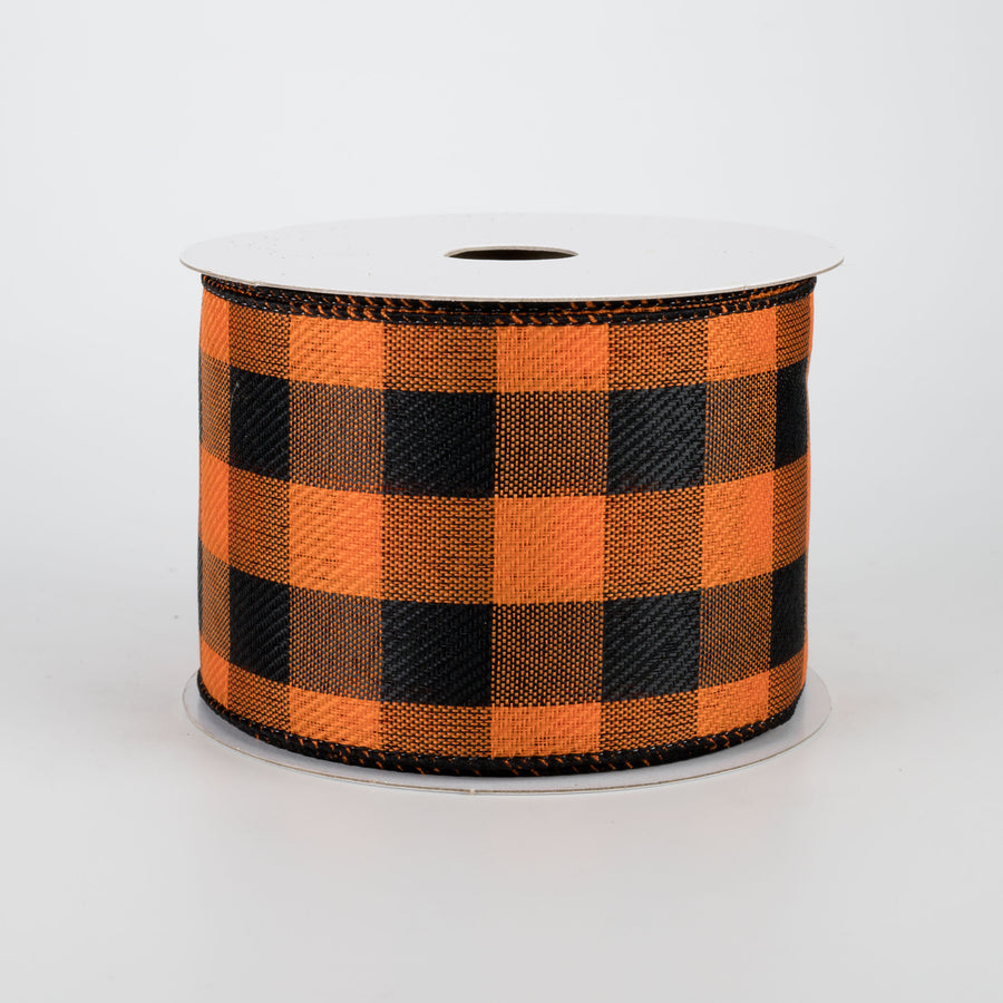 2.5" Linen Check Buffalo Plaid Ribbon: Black & Orange (10 Yards)