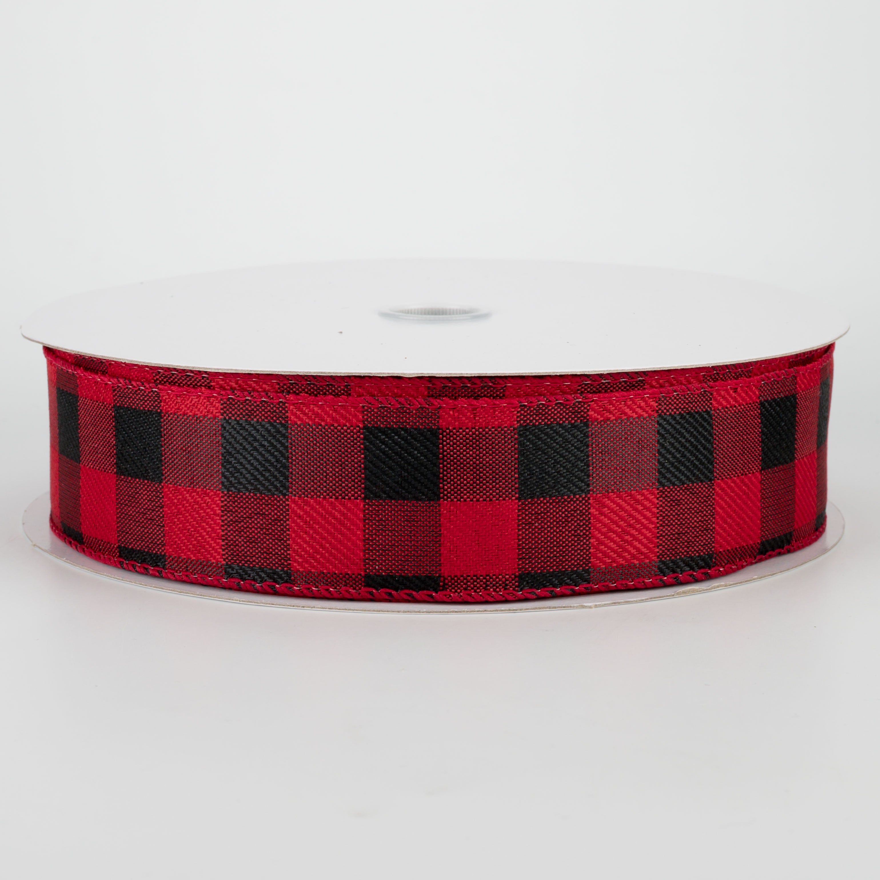 1.5" Linen Check Buffalo Plaid Ribbon: Black & Red (50 Yards)