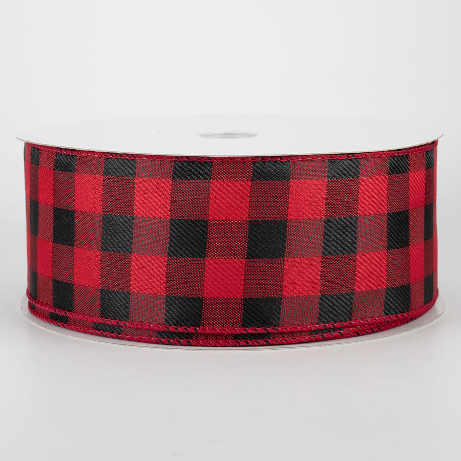 2.5" Linen Check Buffalo Plaid Ribbon: Black & Red (50 Yards)