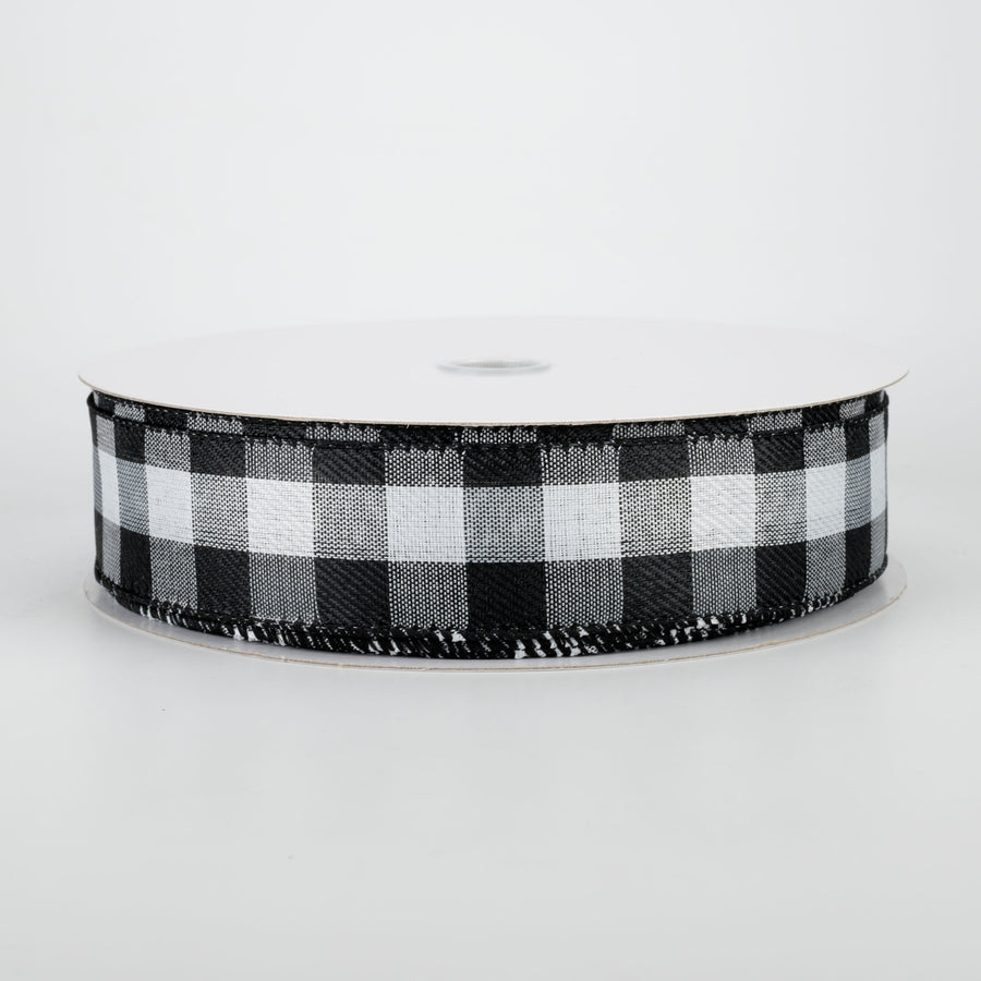 1.5" Linen Check Buffalo Plaid Ribbon: Black & White (50 Yards)