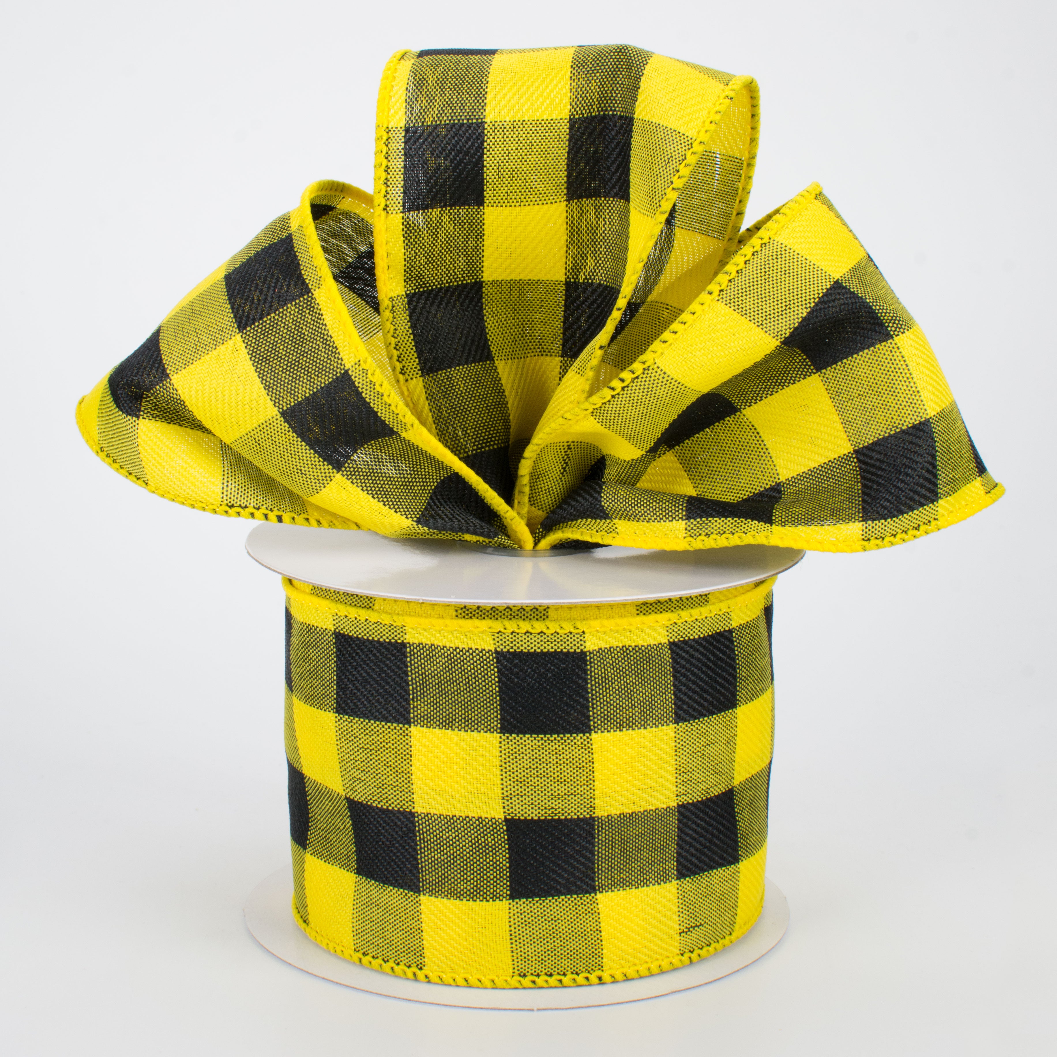 2.5" Linen Check Buffalo Plaid Ribbon: Black & Yellow (10 Yards) Lifestyle Photo