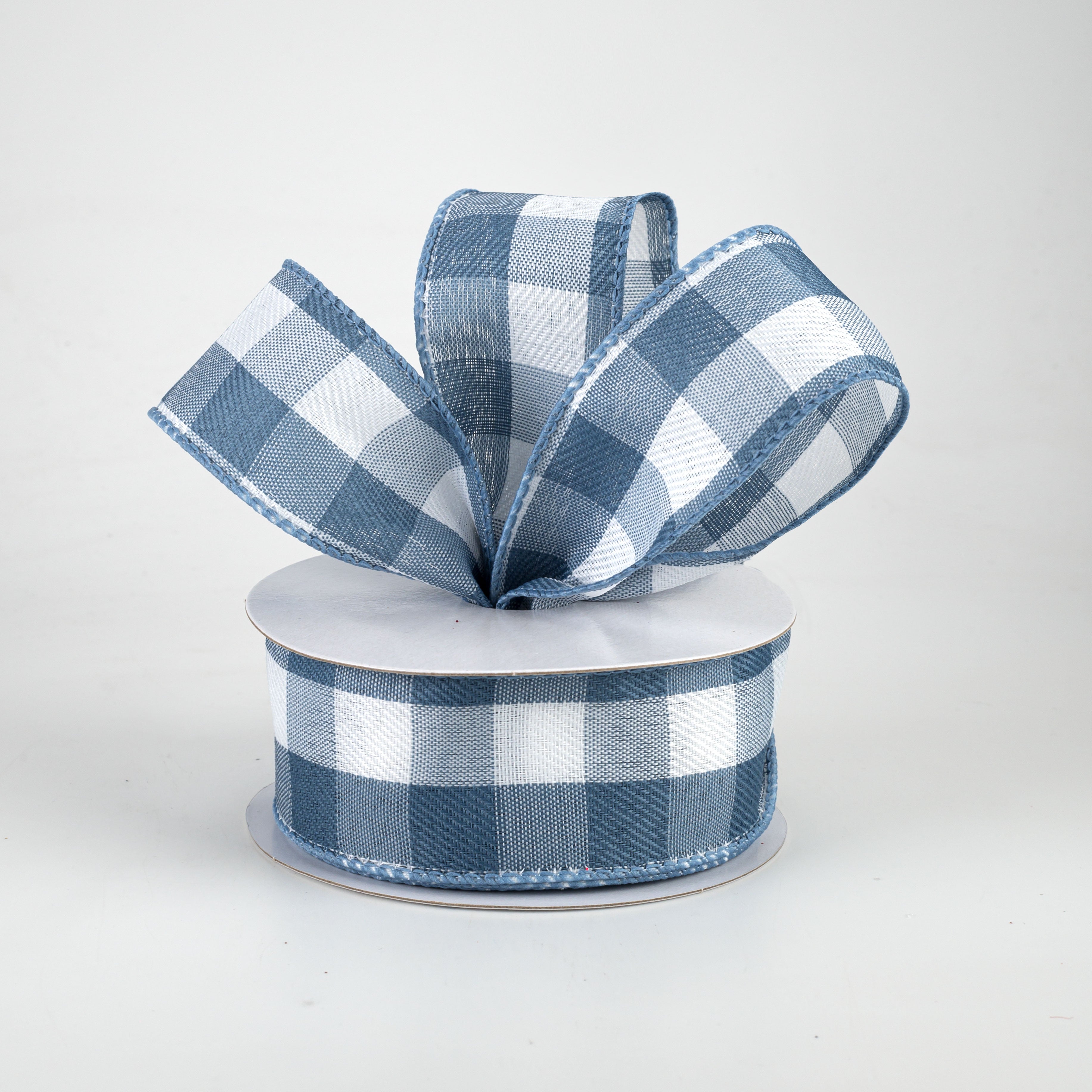 1.5" Linen Check Buffalo Plaid Ribbon: Cornflower Blue & White (10 Yards) Lifestyle Photo