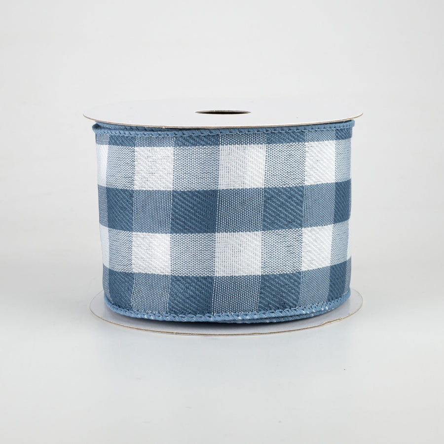2.5" Linen Check Buffalo Plaid Ribbon: Cornflower Blue & White (10 Yards)
