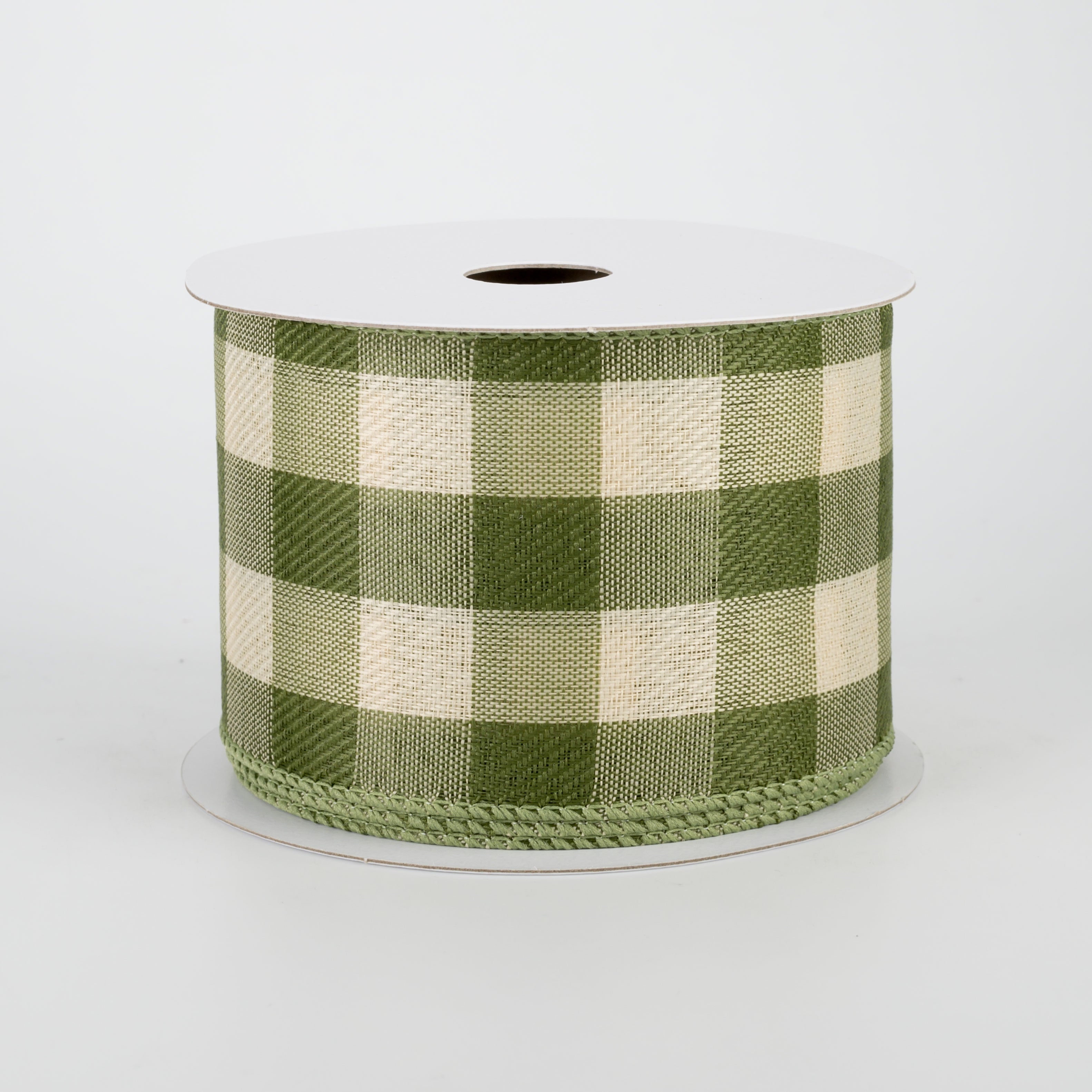 2.5" Linen Check Buffalo Plaid Ribbon: Moss & Ivory (10 Yards)