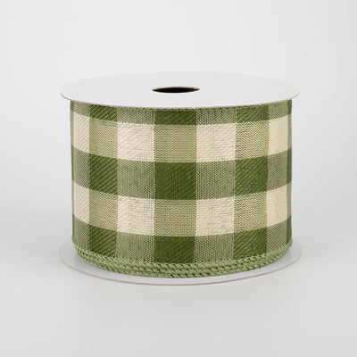2.5" Linen Check Buffalo Plaid Ribbon: Moss & Ivory (10 Yards)