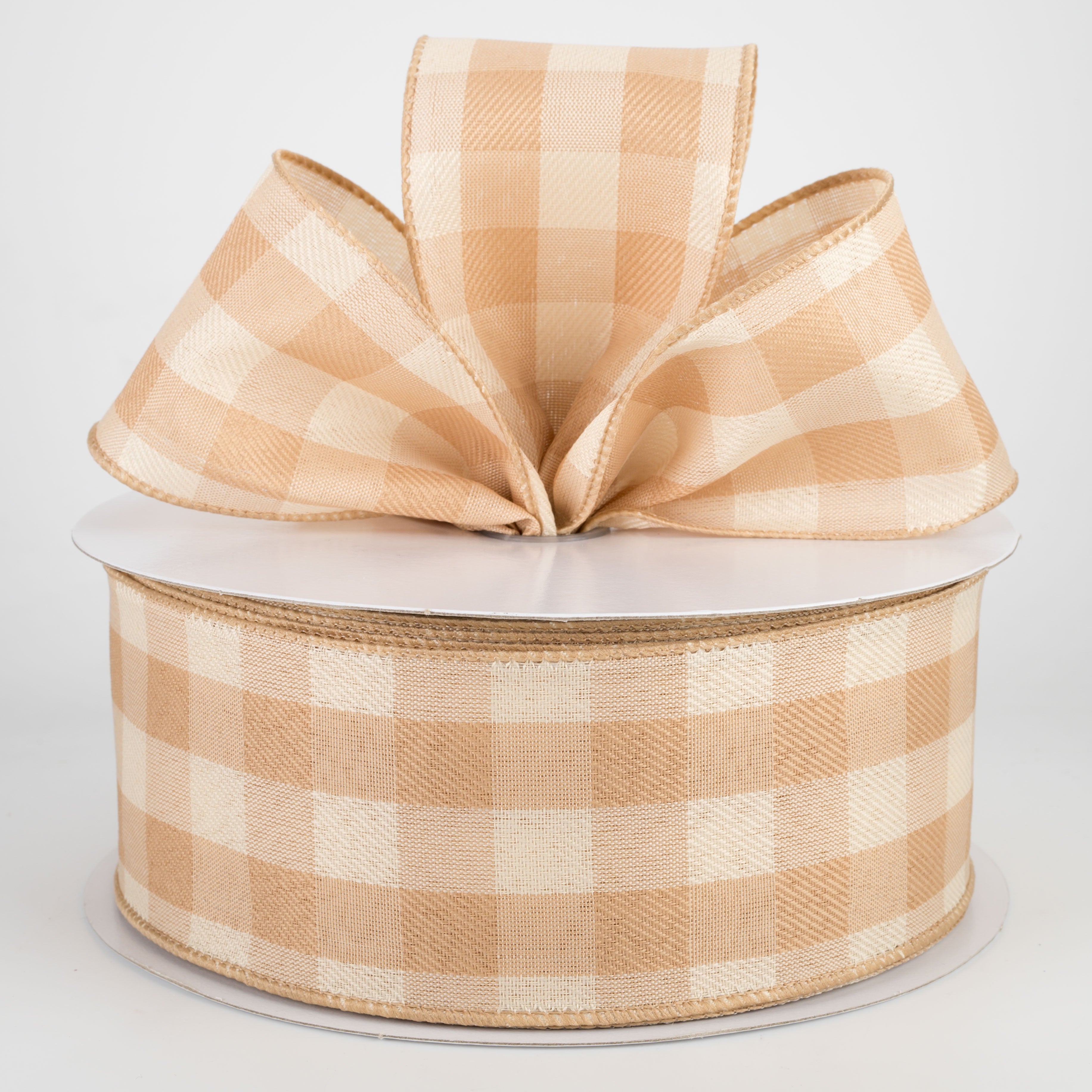 2.5" Linen Check Buffalo Plaid Ribbon: Natural Tan & Beige (50 Yards) Lifestyle Photo