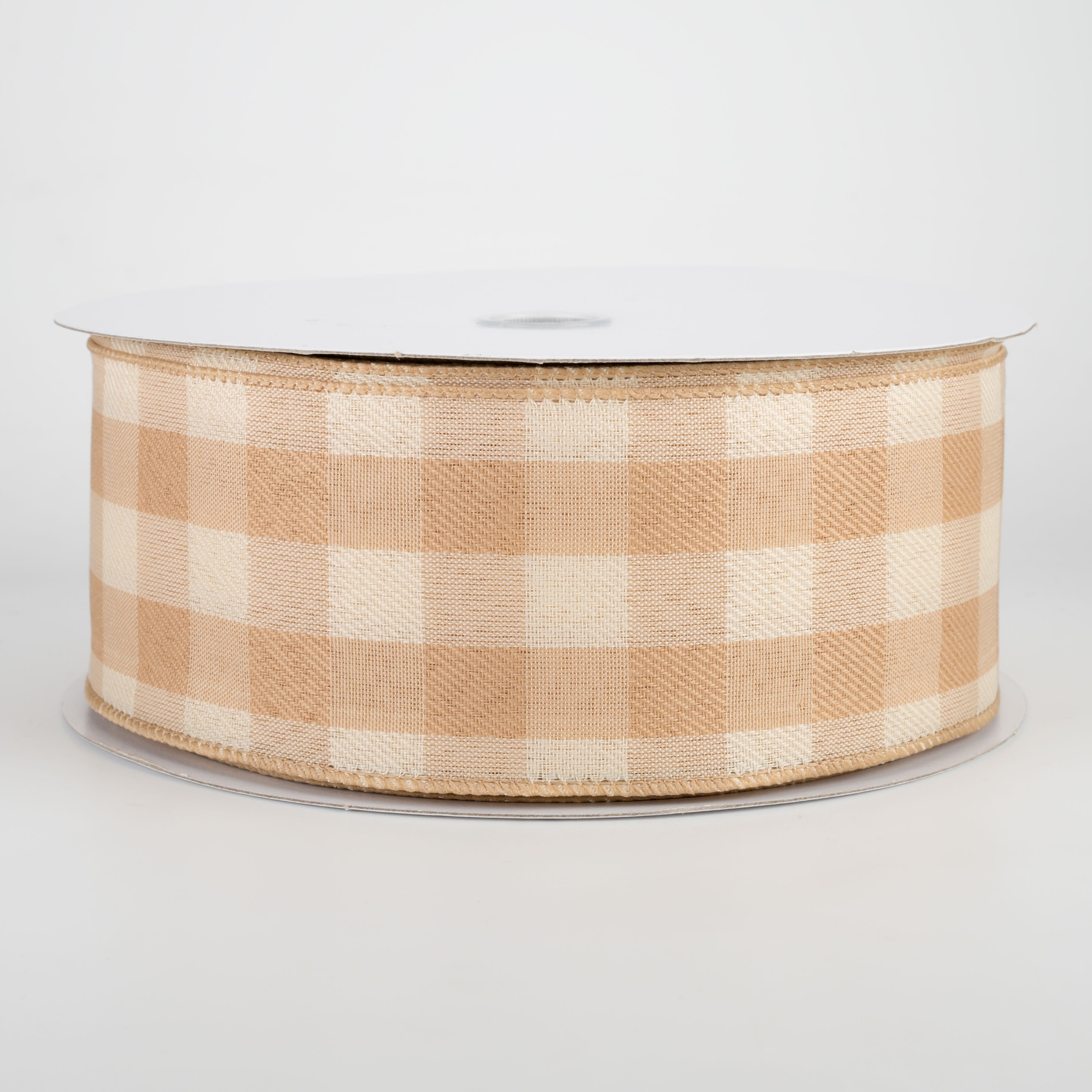 2.5" Linen Check Buffalo Plaid Ribbon: Natural Tan & Beige (50 Yards)