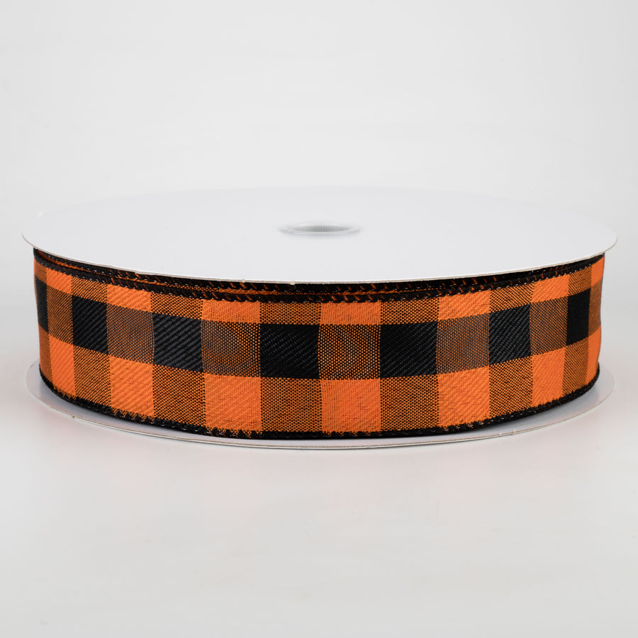 1.5" Linen Check Buffalo Plaid Ribbon: Orange & Black (50 Yards)