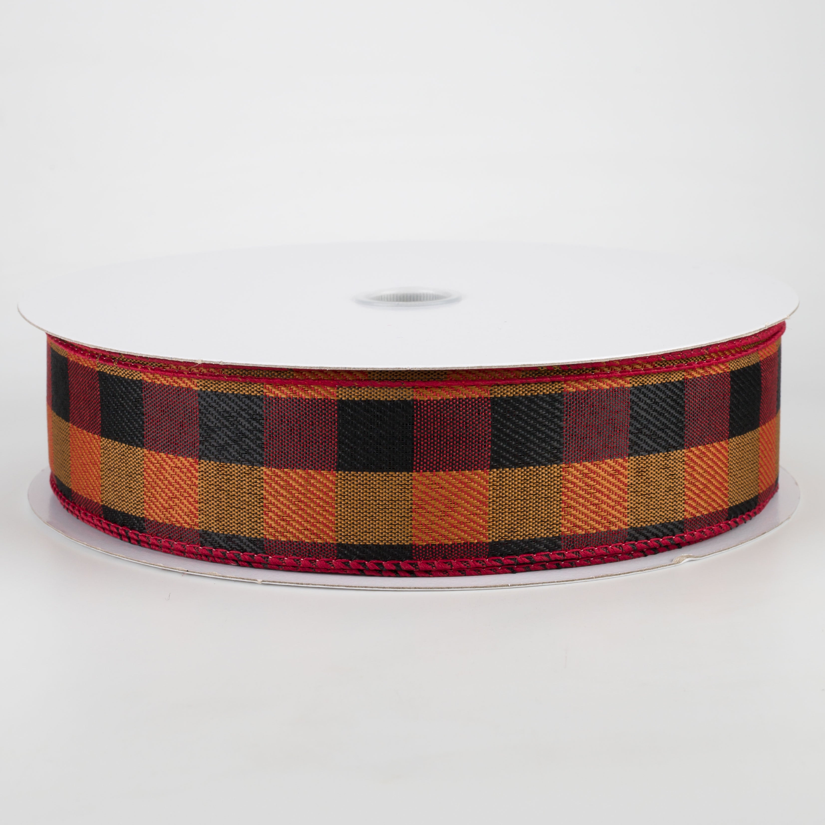 1.5" Linen Check Buffalo Plaid Ribbon: Red, Black, Orange (50 Yards) Item Number: 861-09-009