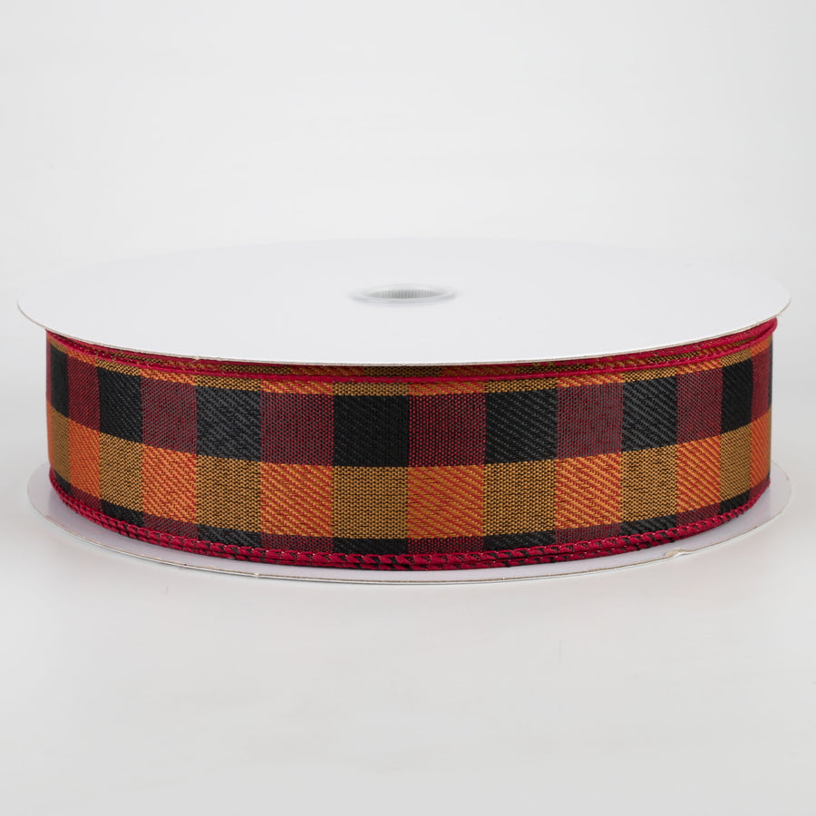 1.5" Linen Check Buffalo Plaid Ribbon: Red, Black, Orange (50 Yards) Item Number: 861-09-009