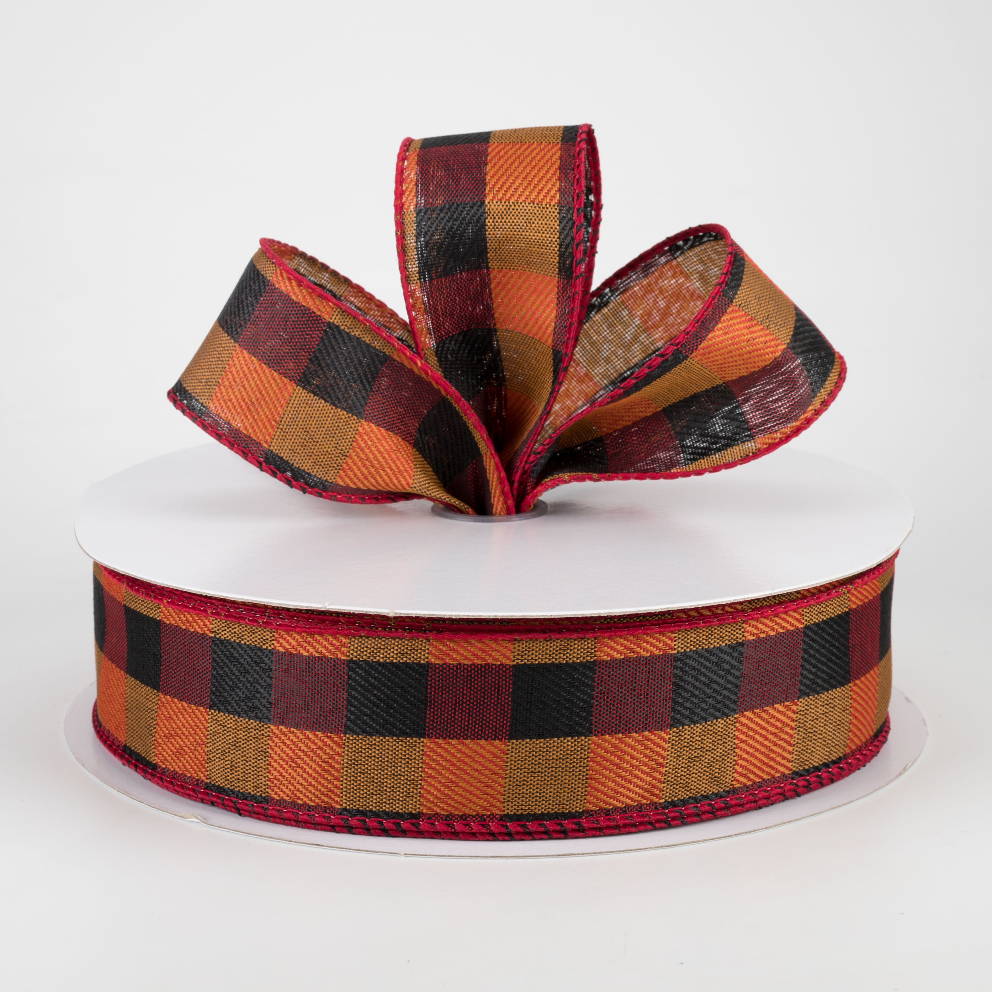 1.5" Linen Check Buffalo Plaid Ribbon: Red, Black, Orange (50 Yards) Lifestyle Photo