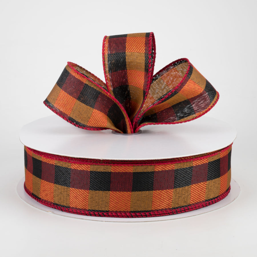 1.5" Linen Check Buffalo Plaid Ribbon: Red, Black, Orange (50 Yards) Lifestyle Photo