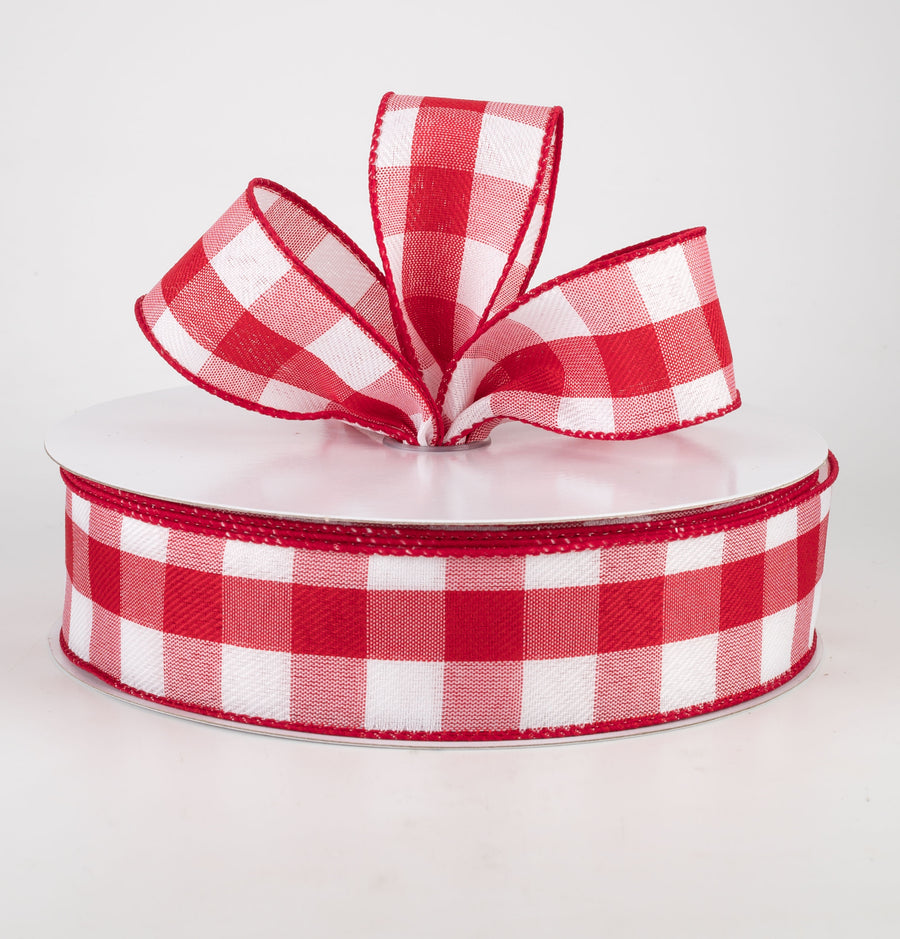 1.5" Linen Check Buffalo Plaid Ribbon: Red & White (50 Yards) Lifestyle Photo