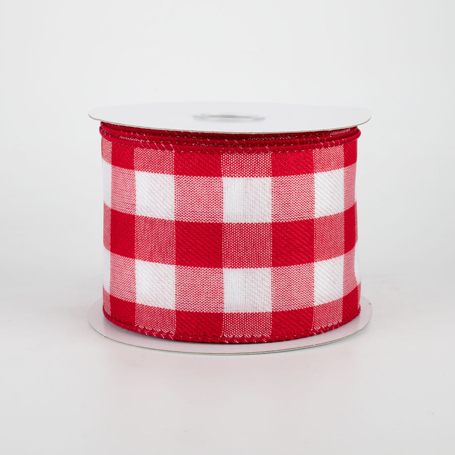 2.5" Linen Check Buffalo Plaid Ribbon: Red & White (10 Yards)