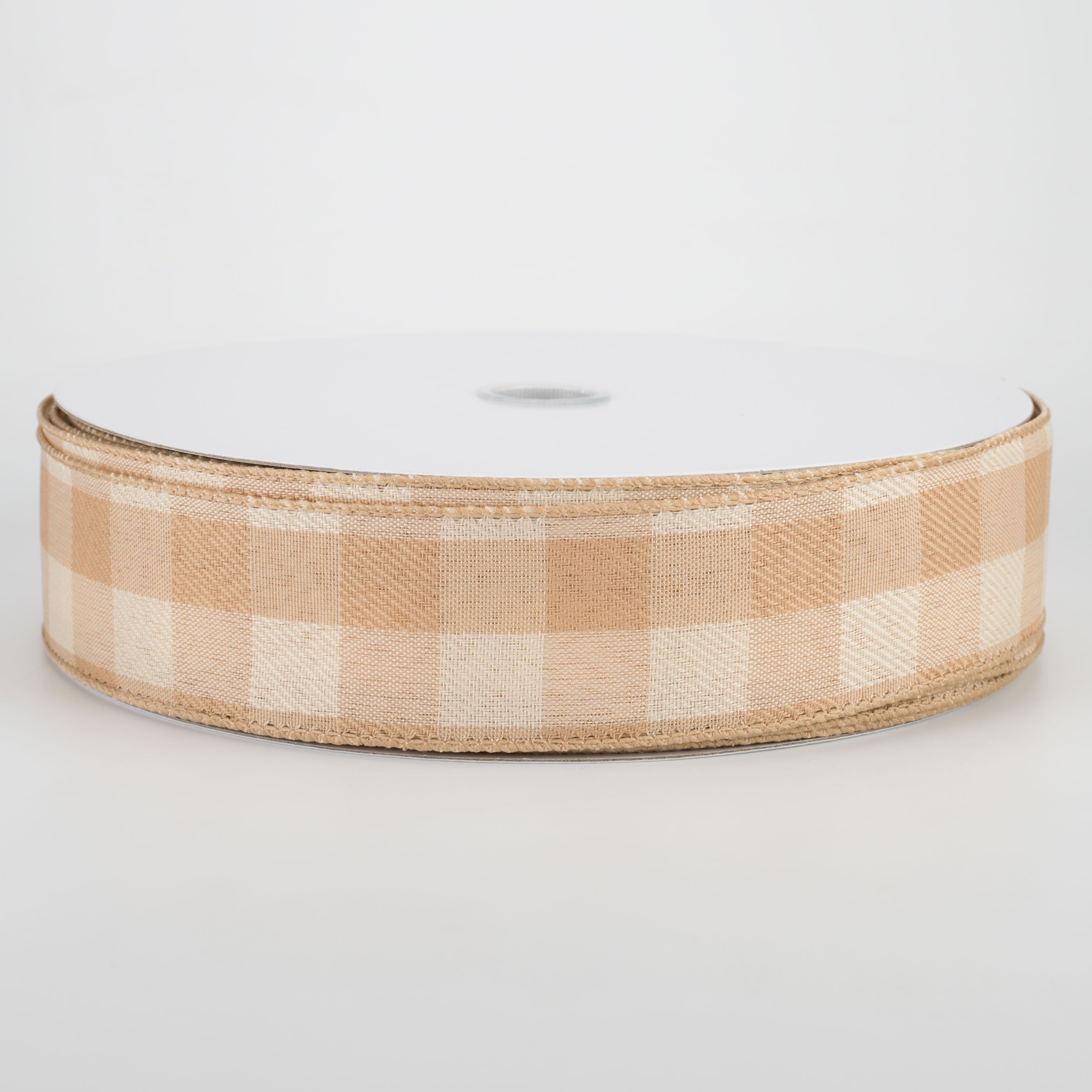1.5" Linen Check Plaid Ribbon: Natural Tan & Beige (50 Yards)