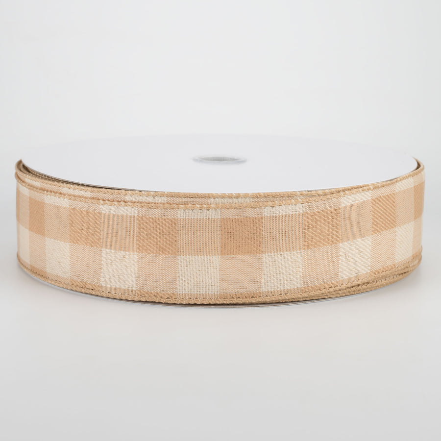 1.5" Linen Check Plaid Ribbon: Natural Tan & Beige (50 Yards)