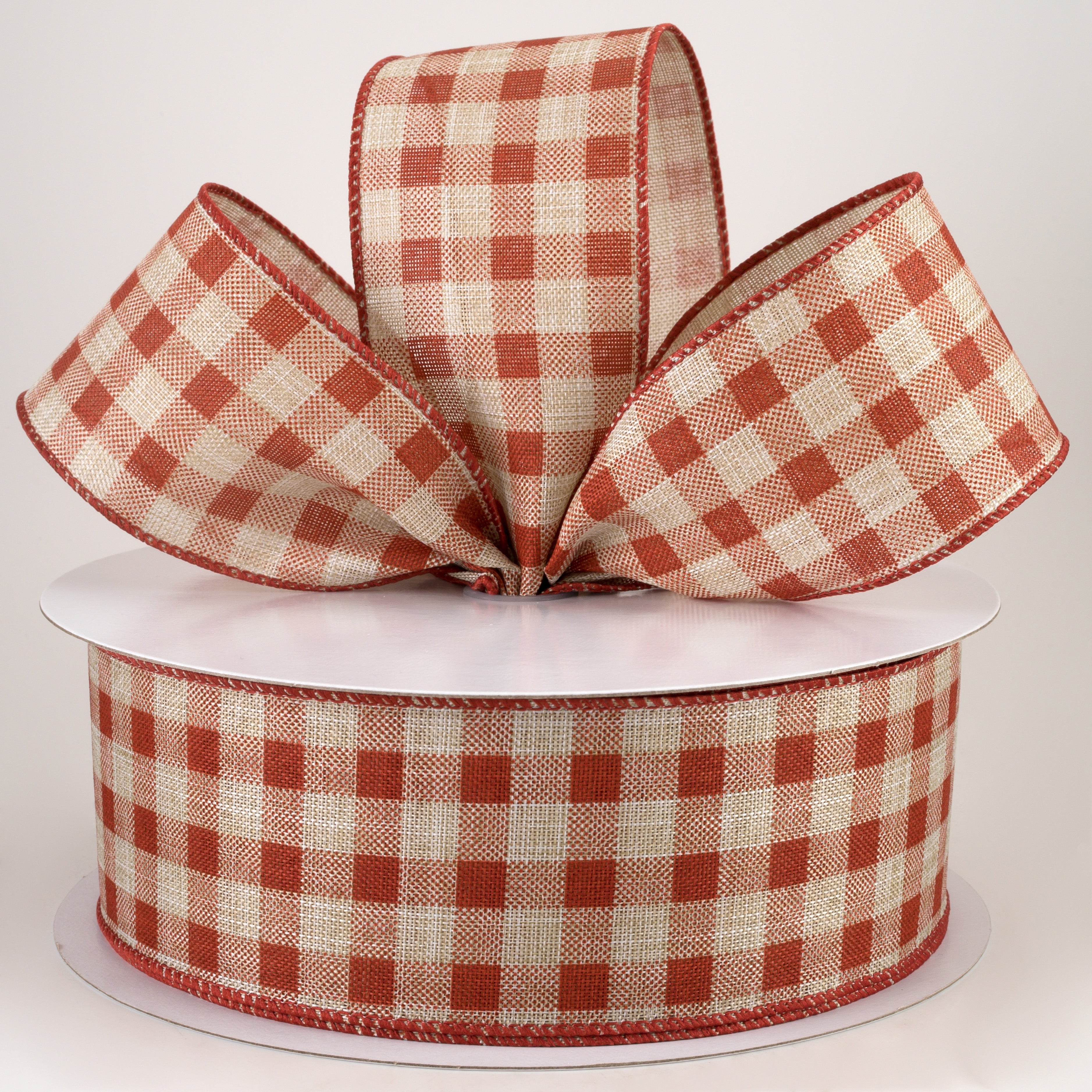2.5" Linen Check Plaid Ribbon: Rust on Natural (50 Yards) Lifestyle Photo