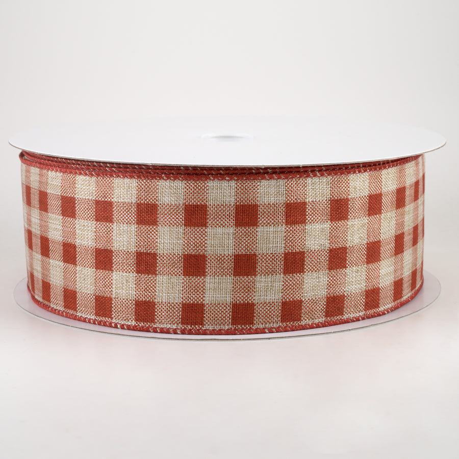 2.5" Linen Check Plaid Ribbon: Rust on Natural (50 Yards) Item Number: 861-40-214