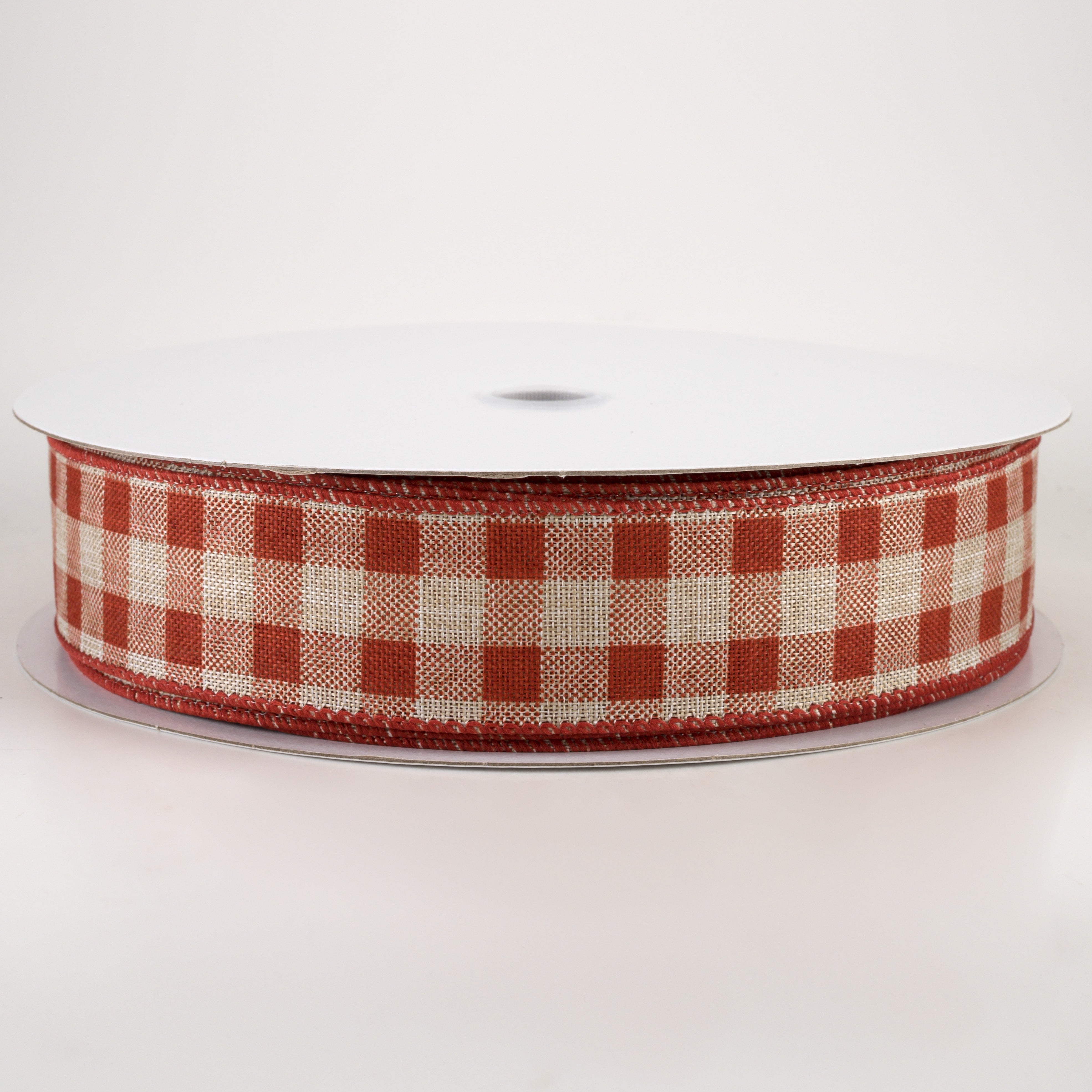 1.5" Linen Check Plaid Ribbon: Rust on Natural (50 Yards)