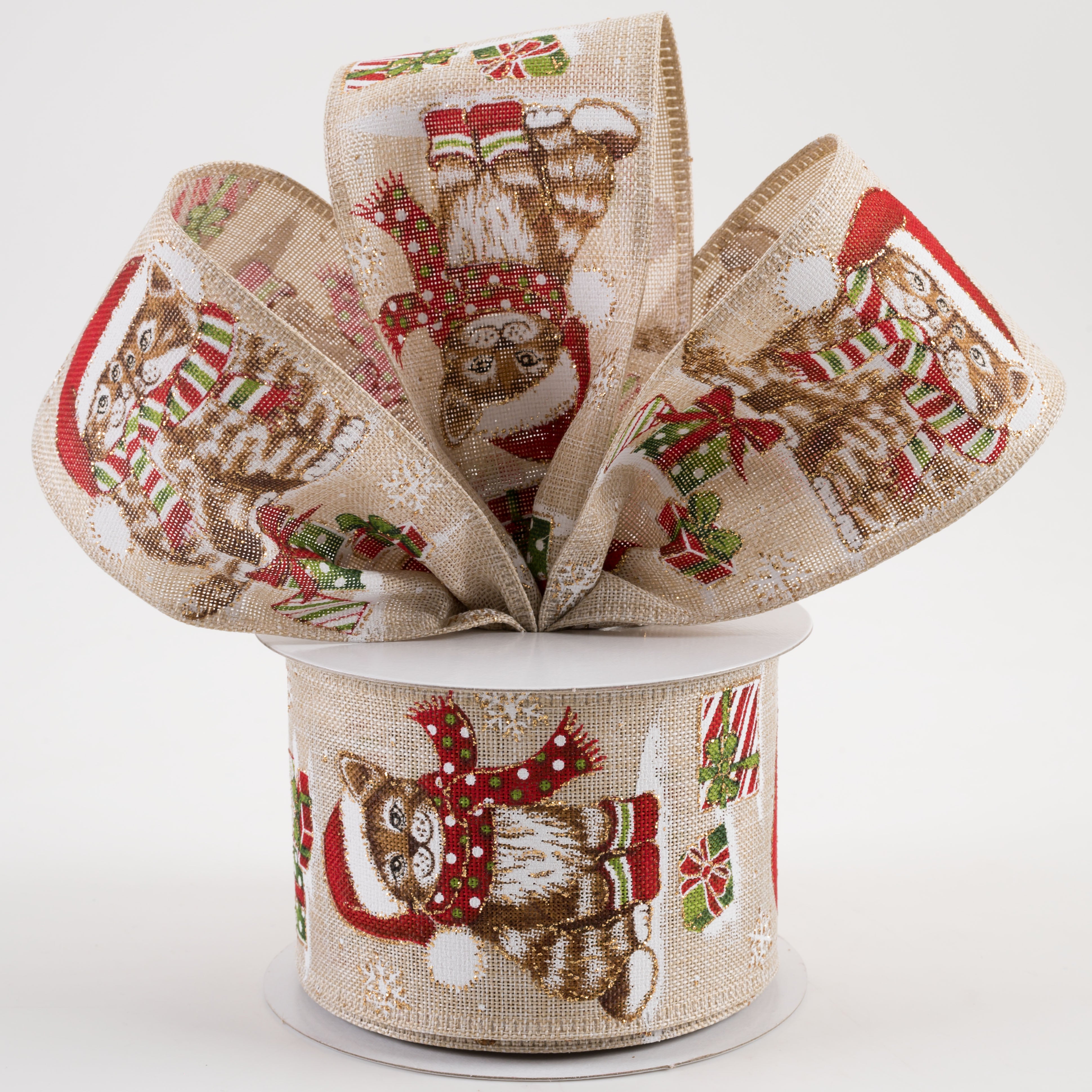 2.5" Linen Christmas Glitter Cats Ribbon: Natural & Gold (10 Yards) Lifestyle Photo