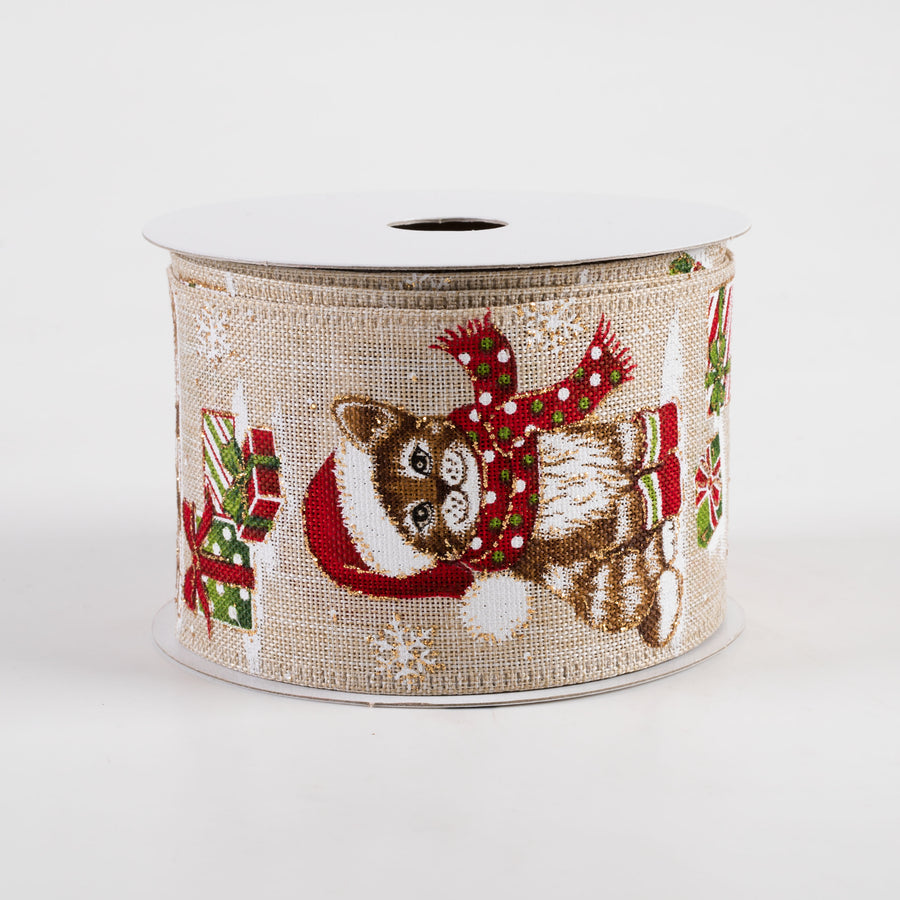 2.5" Linen Christmas Glitter Cats Ribbon: Natural & Gold (10 Yards)