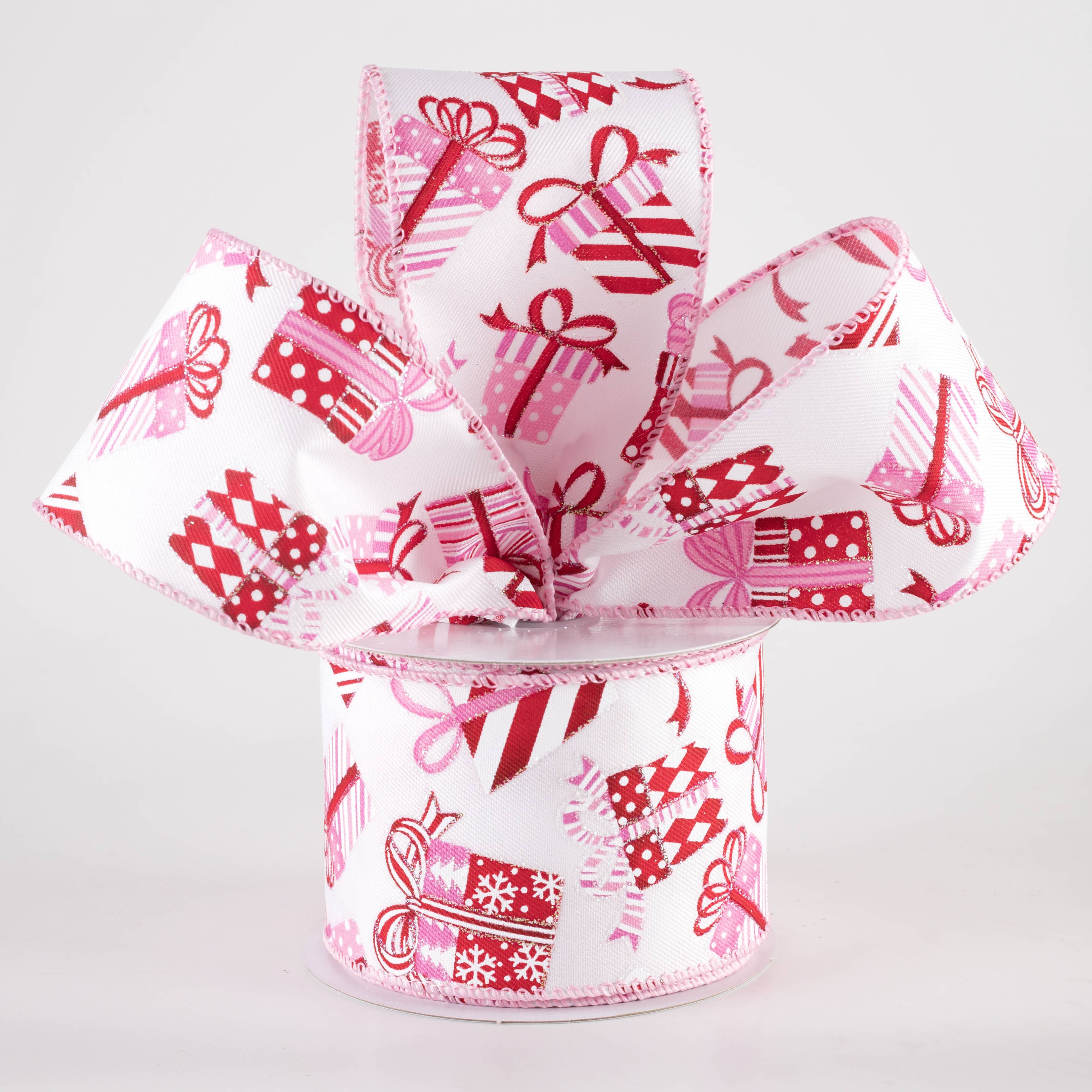 2.5" Linen Christmas Presents Ribbon: Pink on White (10 Yards) Lifestyle Photo
