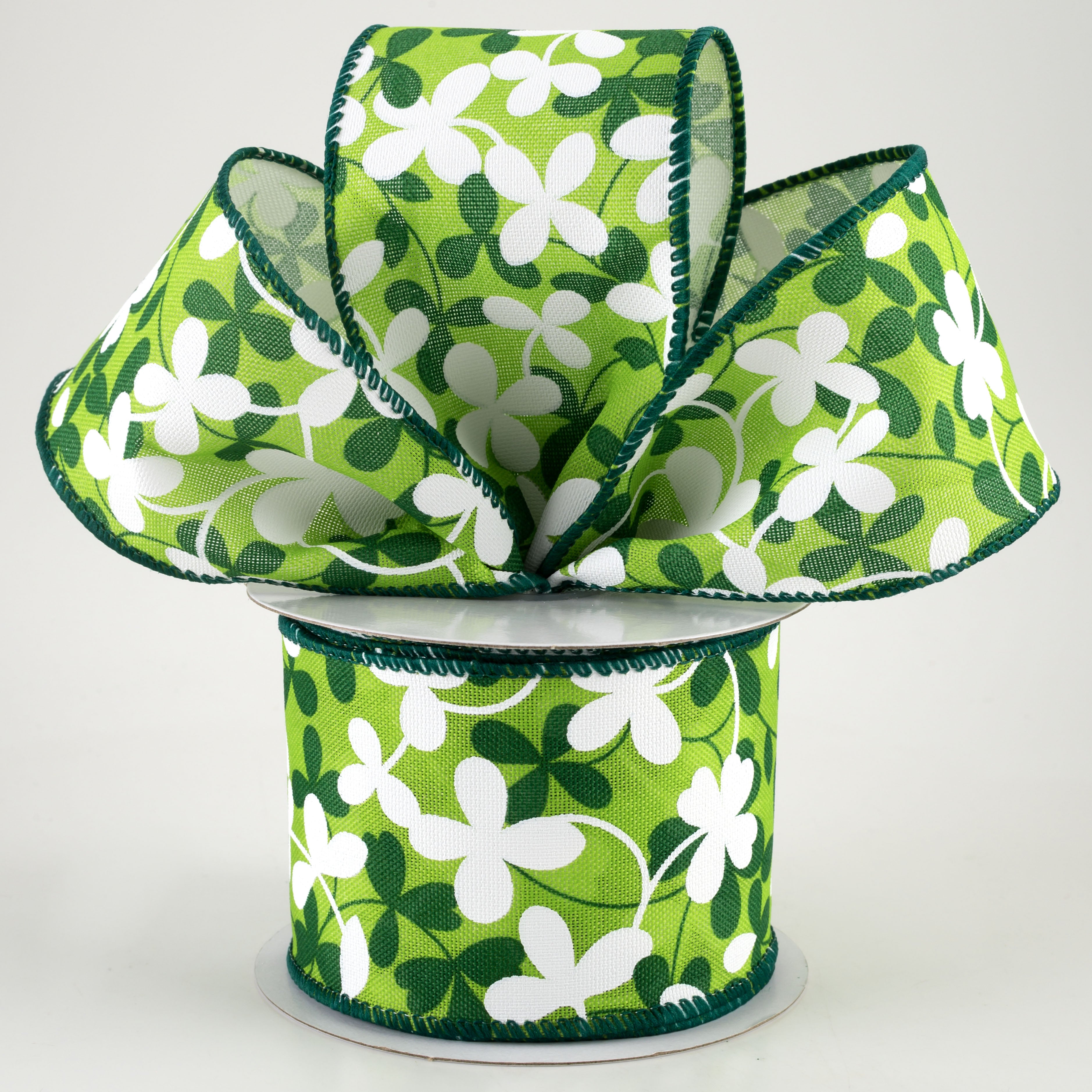 2.5" Linen Clover Flowers Ribbon: Green (10 Yards) Lifestyle Photo