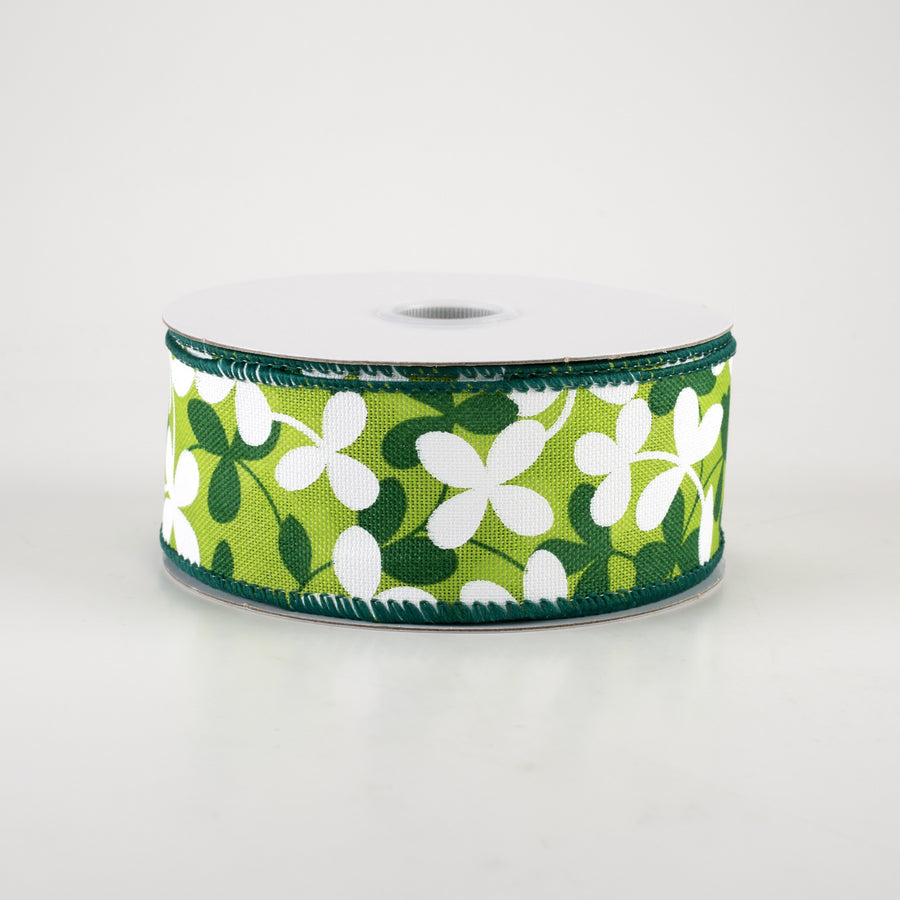 1.5" Linen Clover Flowers Ribbon: Green (10 Yards)