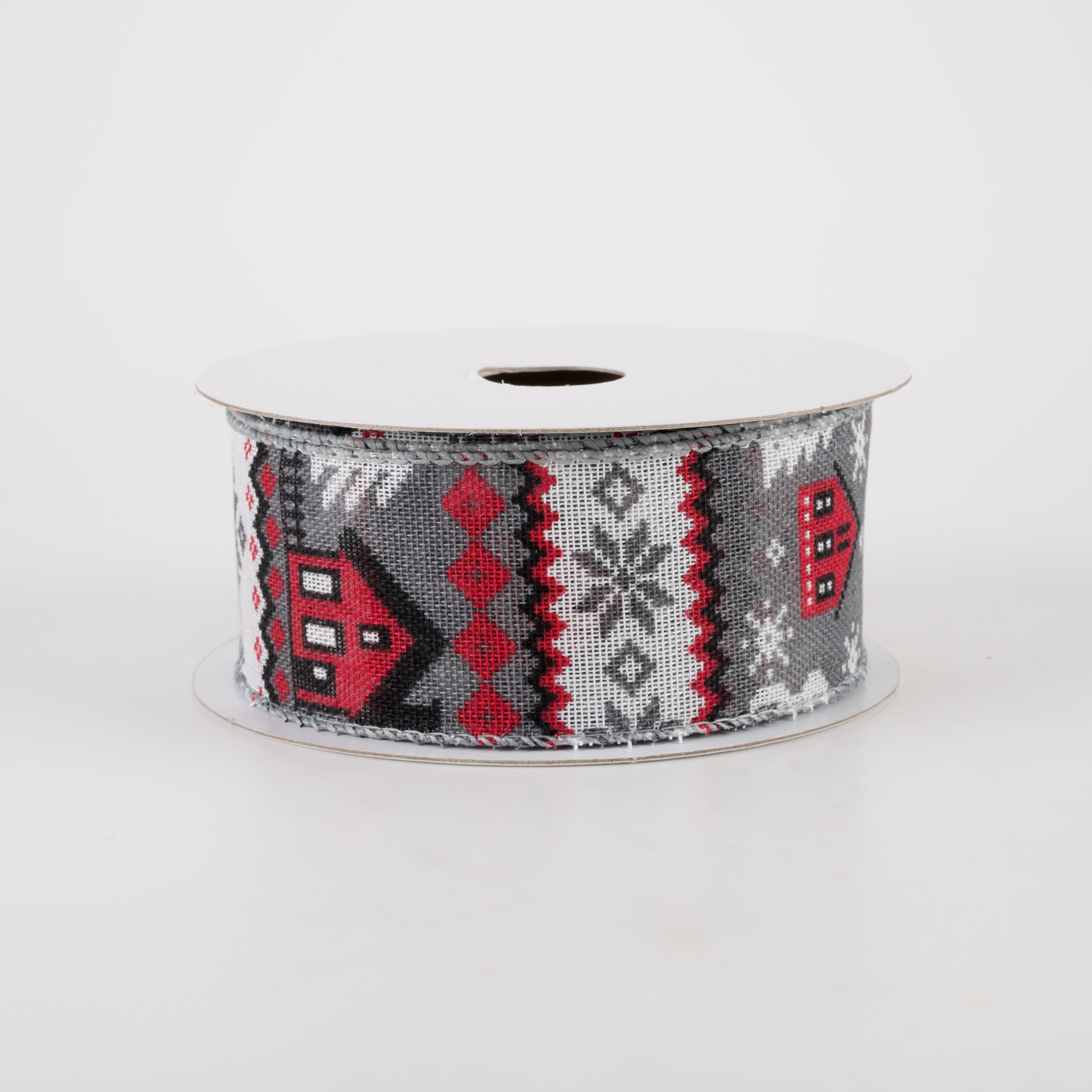 1.5" Linen Cold Sweater Ribbon: Grey & Red (10 Yards) Item Number: 72130-09-01