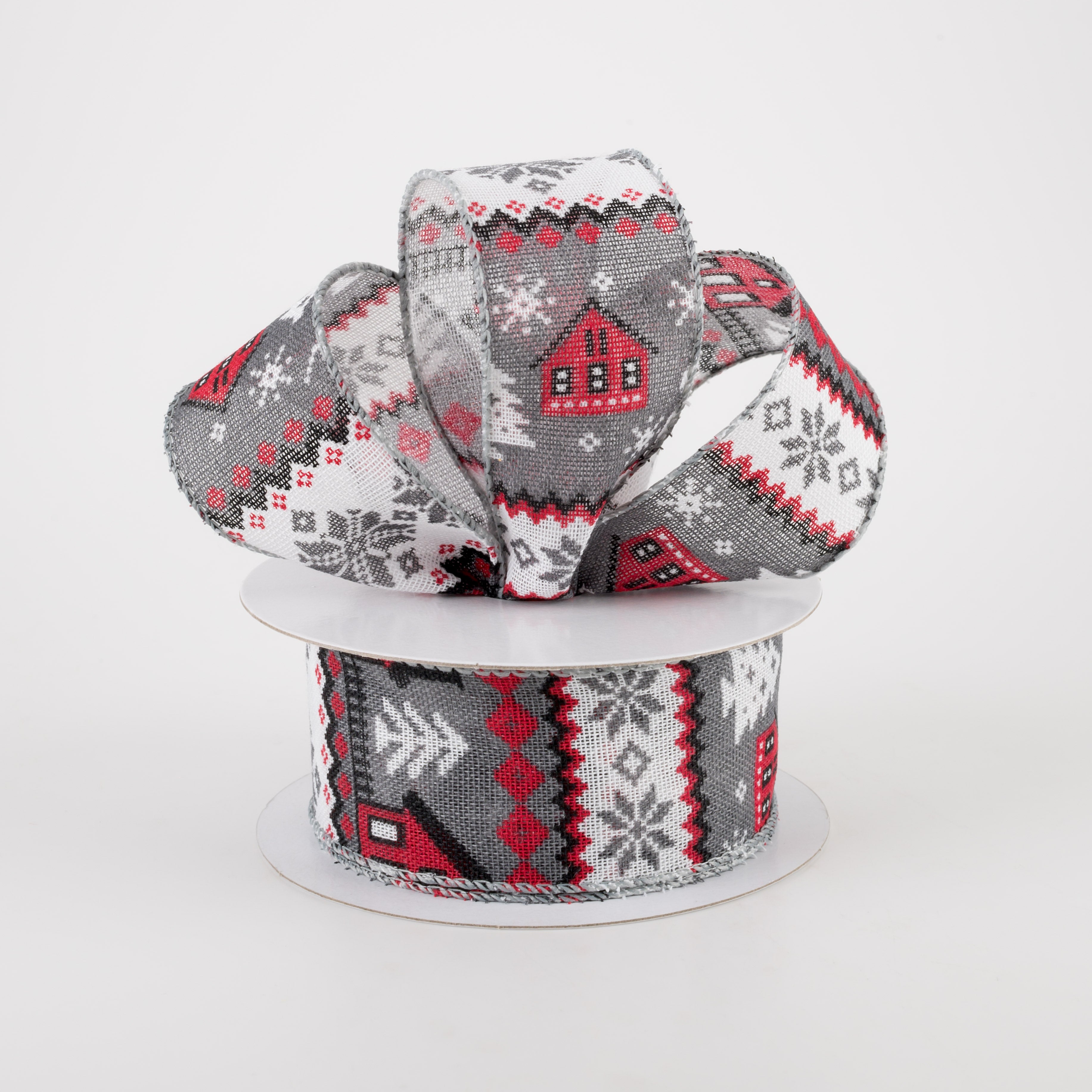 1.5" Linen Cold Sweater Ribbon: Grey & Red (10 Yards) Lifestyle Photo