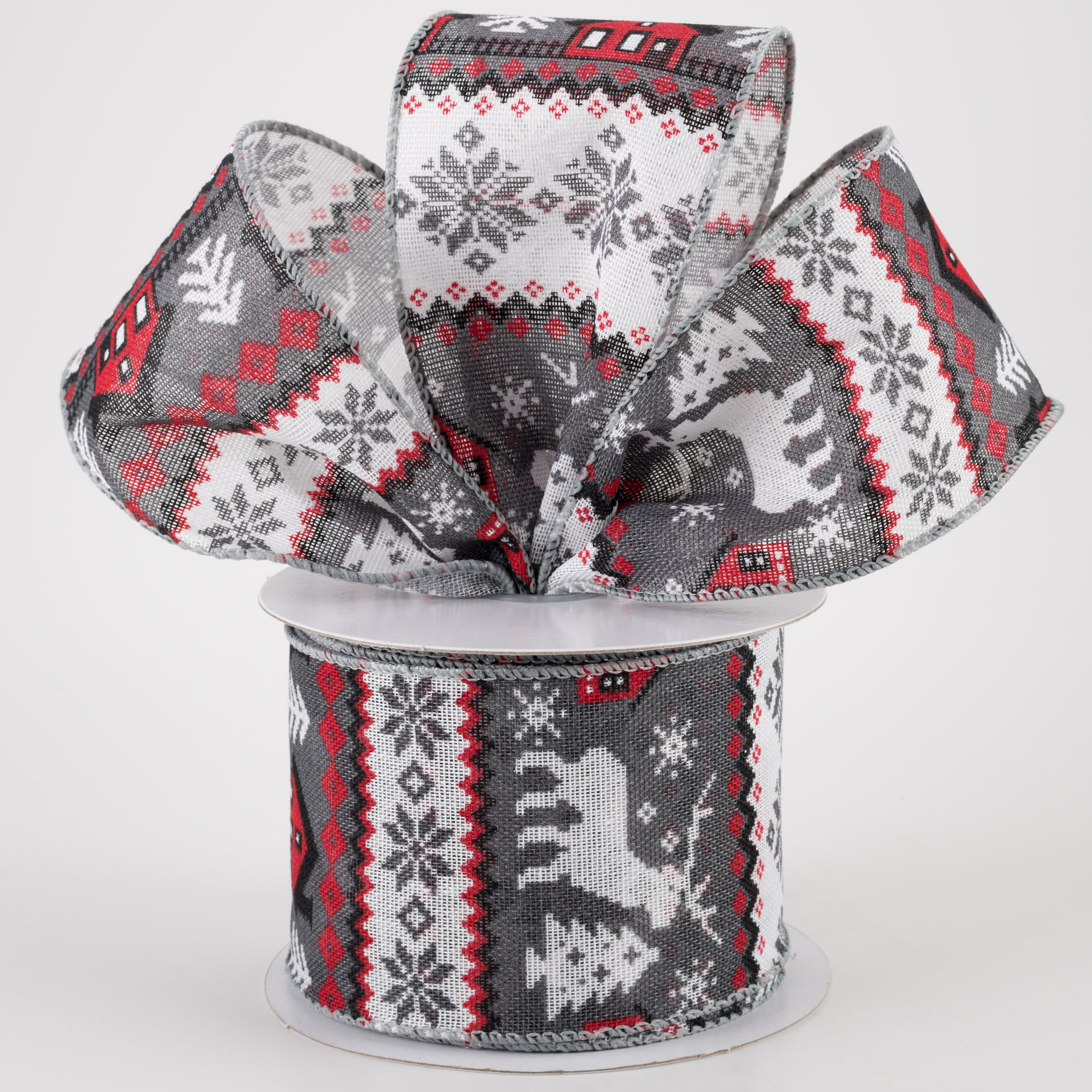 2.5" Linen Cold Sweater Ribbon: Grey & Red (10 Yards) Lifestyle Photo