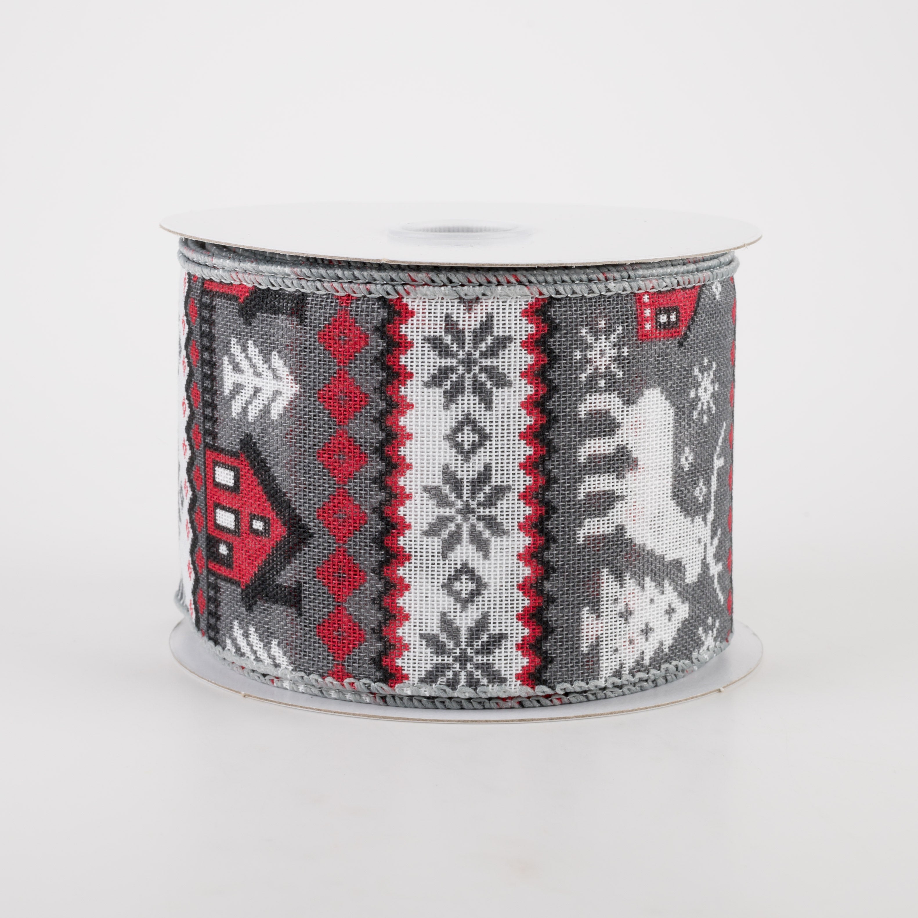 2.5" Linen Cold Sweater Ribbon: Grey & Red (10 Yards)