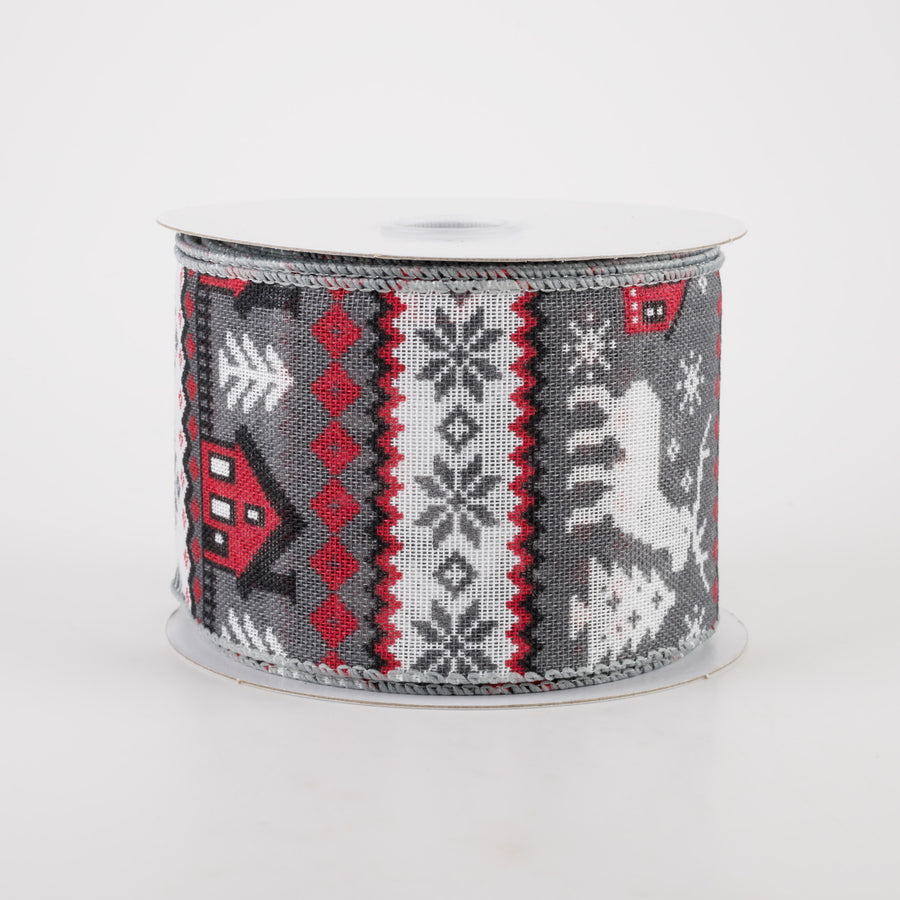 2.5" Linen Cold Sweater Ribbon: Grey & Red (10 Yards)