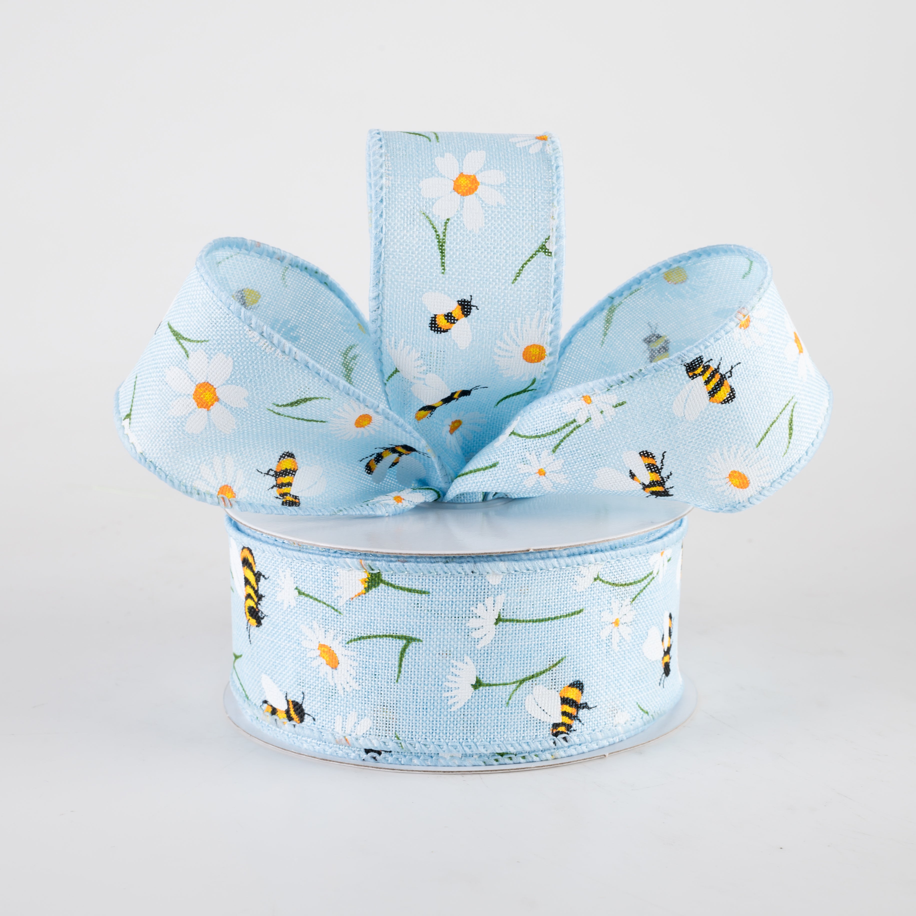 1.5" Linen Daisies & Bumblebees Ribbon: Light Blue (10 Yards) Lifestyle Photo