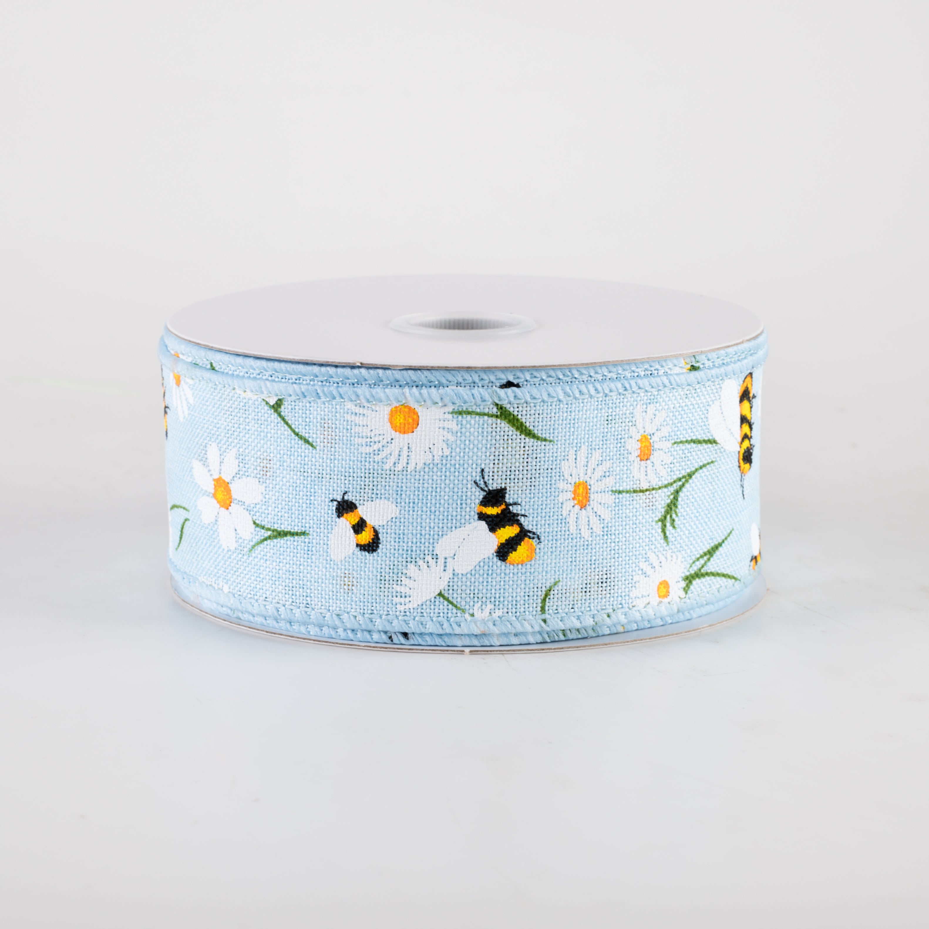 1.5" Linen Daisies & Bumblebees Ribbon: Light Blue (10 Yards) Item Number: 42416-09-04