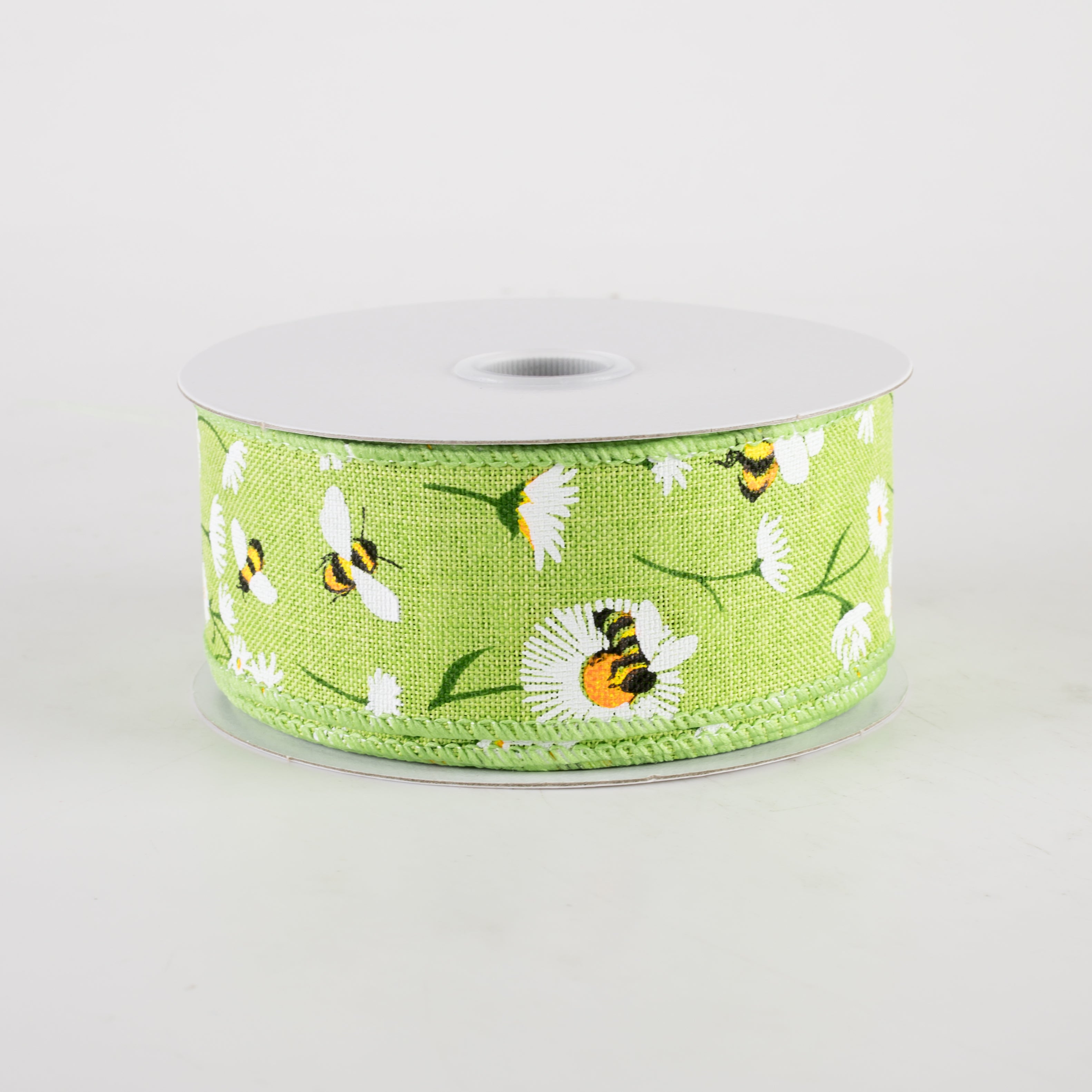 1.5" Linen Daisies & Bumblebees Ribbon: Lime Green (10 Yards) Item Number: 42416-09-29