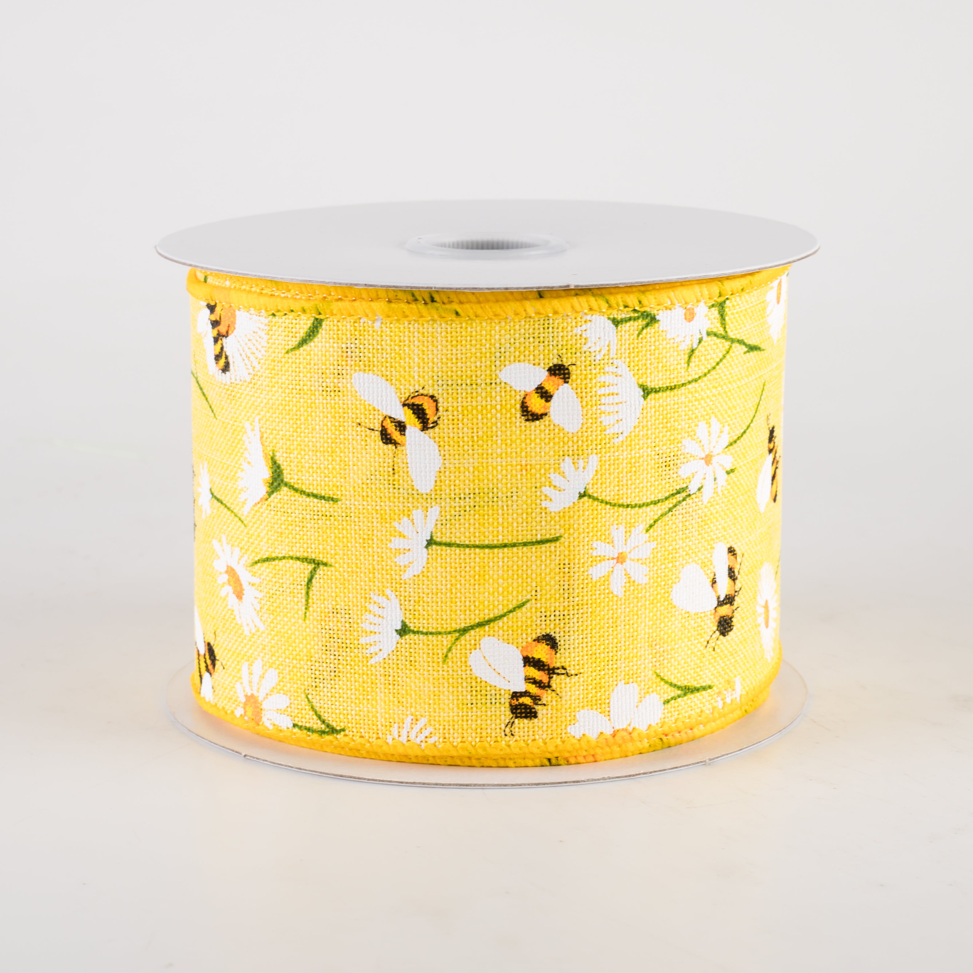 2.5" Linen Daisies & Bumblebees Ribbon: Yellow (10 Yards)