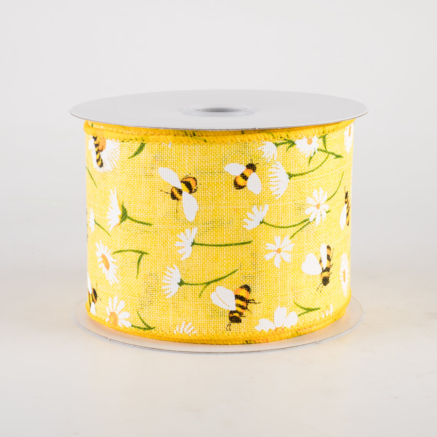 2.5" Linen Daisies & Bumblebees Ribbon: Yellow (10 Yards)