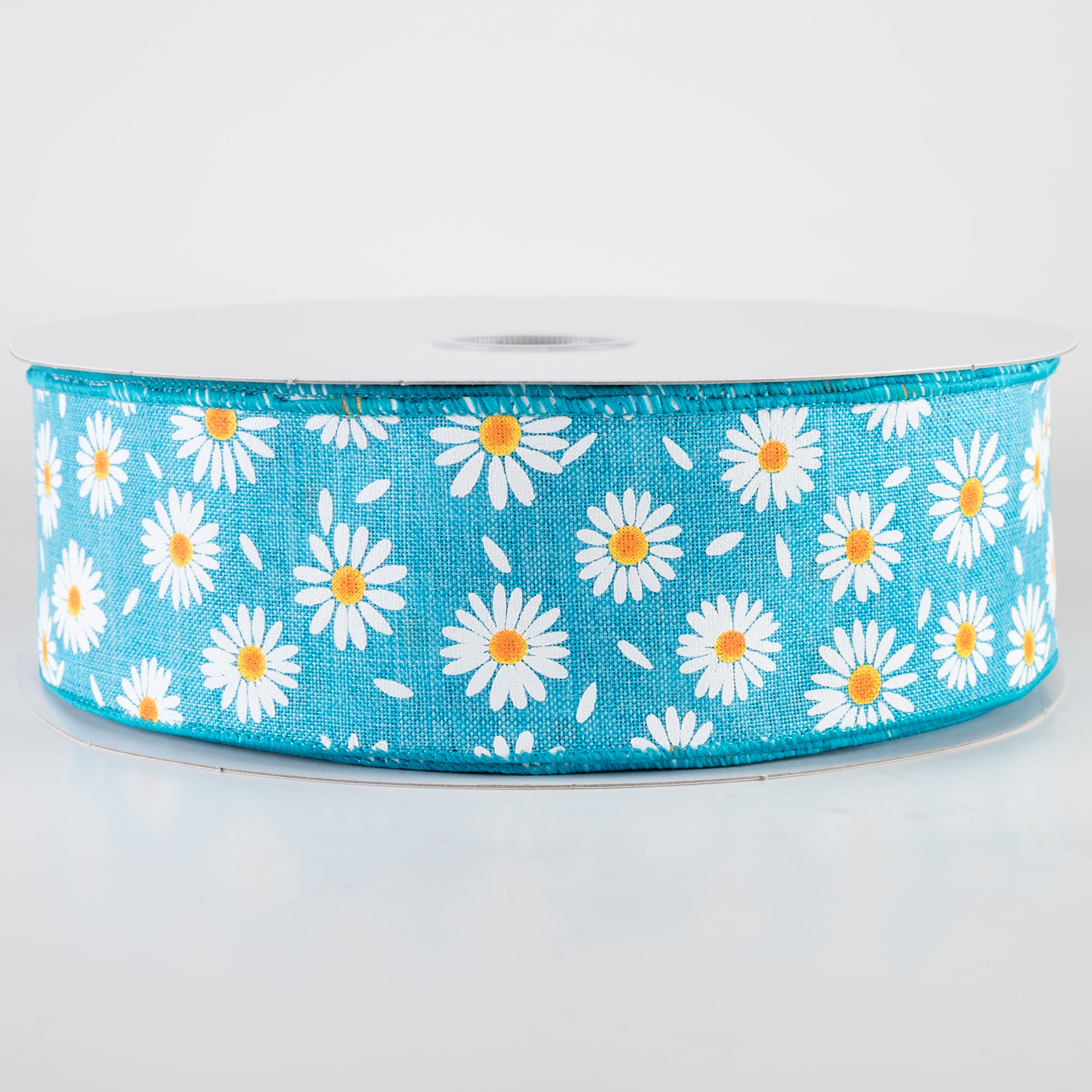 2.5" Linen Daisies & Petals Ribbon: Turquoise Blue (50 Yards) Item Number: 841-40-417
