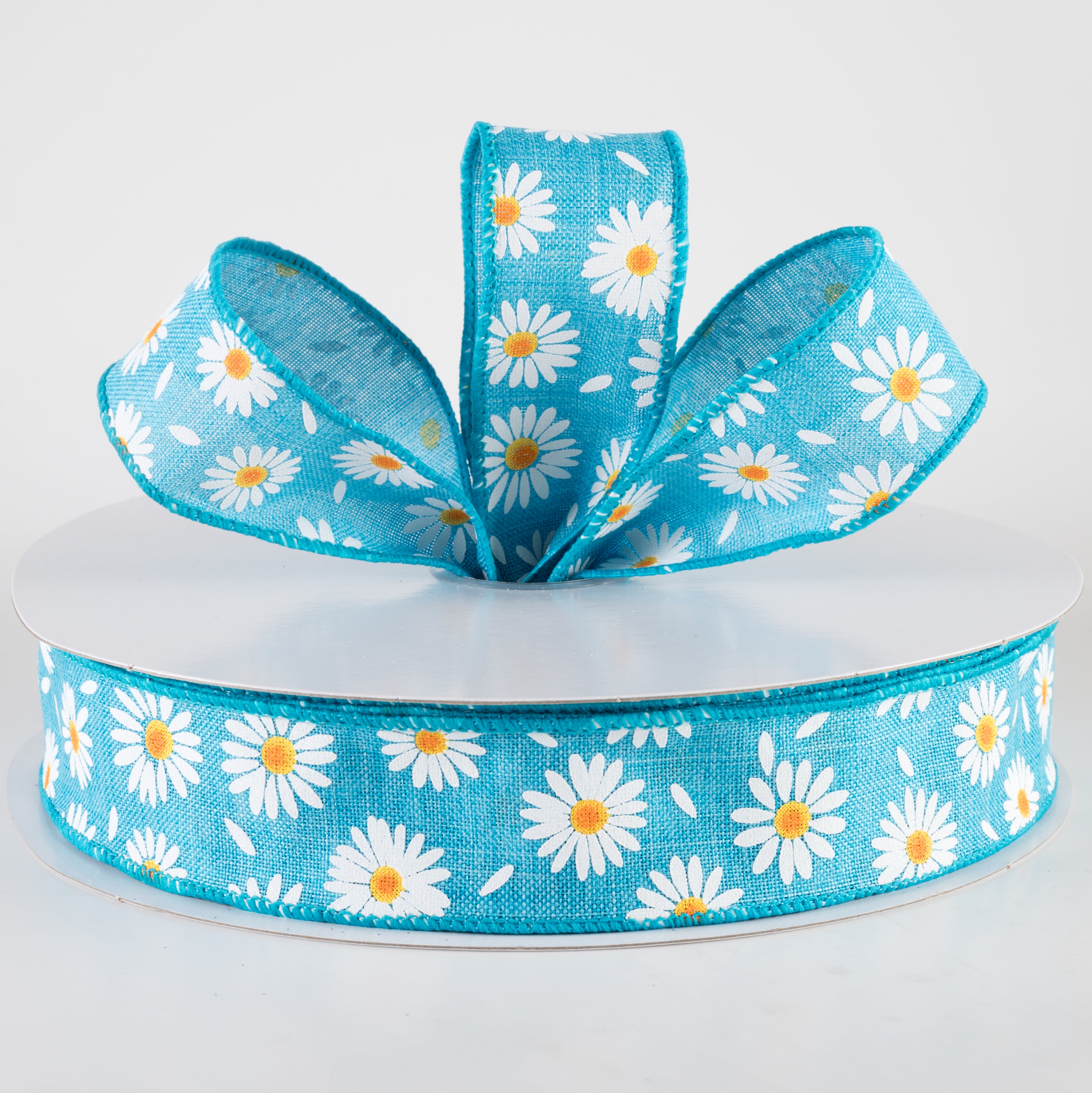 1.5" Linen Daisies & Petals Ribbon: Turquoise Blue (50 Yards) Lifestyle Photo