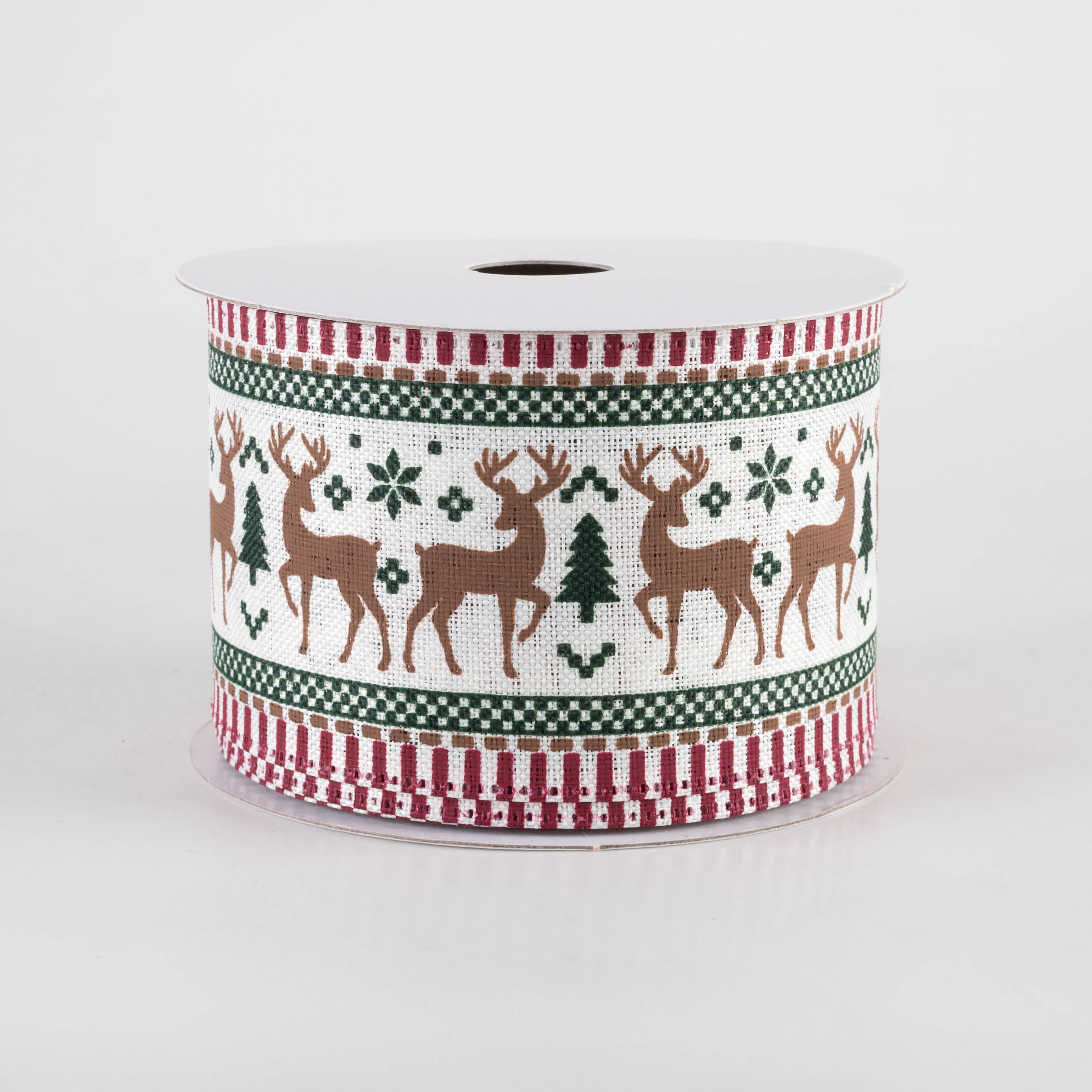 2.5" Linen Deer Sweater Print Striped Edge Ribbon: Ivory (10 Yards) Item Number: 76442-40-18