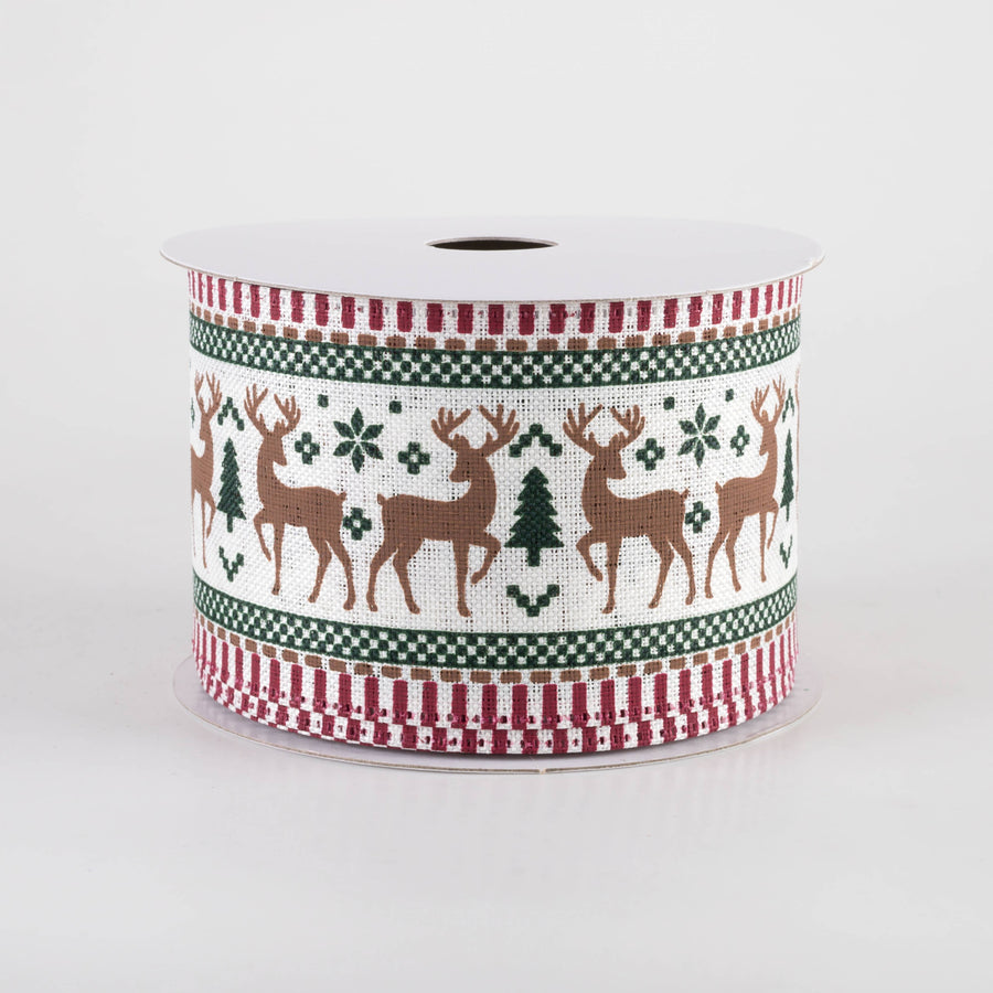 2.5" Linen Deer Sweater Print Striped Edge Ribbon: Ivory (10 Yards) Item Number: 76442-40-18